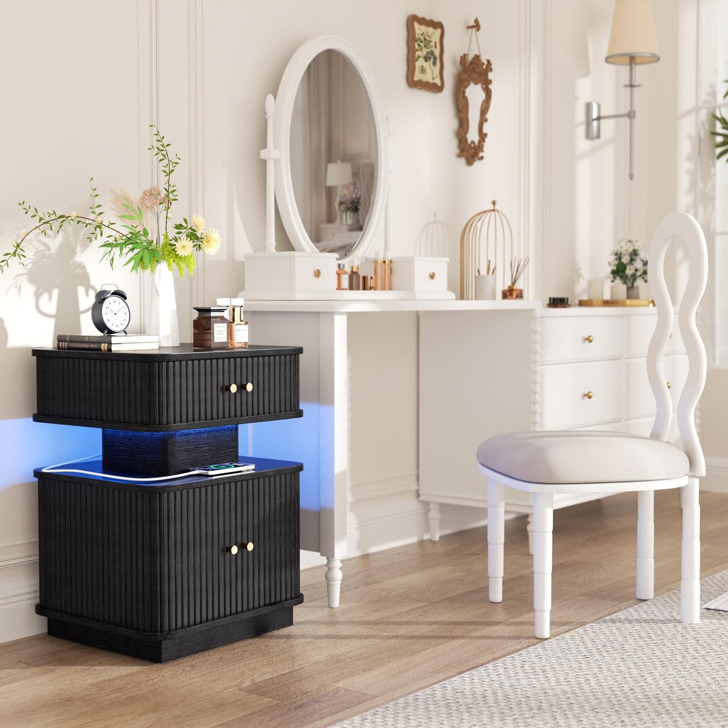 Night Stand, LED Nightstand, Bedroom Night Stand with Charging Station, 2 Drawer Nightstand, Modern Nightstands with Curvy Edge and Sliding Door, Small Bedside Table for Bedroom, Black