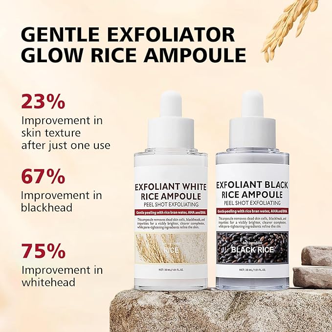 2PCS Rice Exfoliating Ampoule Set – Black & White Rice Brightening Duo for Glowing Skin | Gentle Peel + Pore Minimizing & Deep Hydration