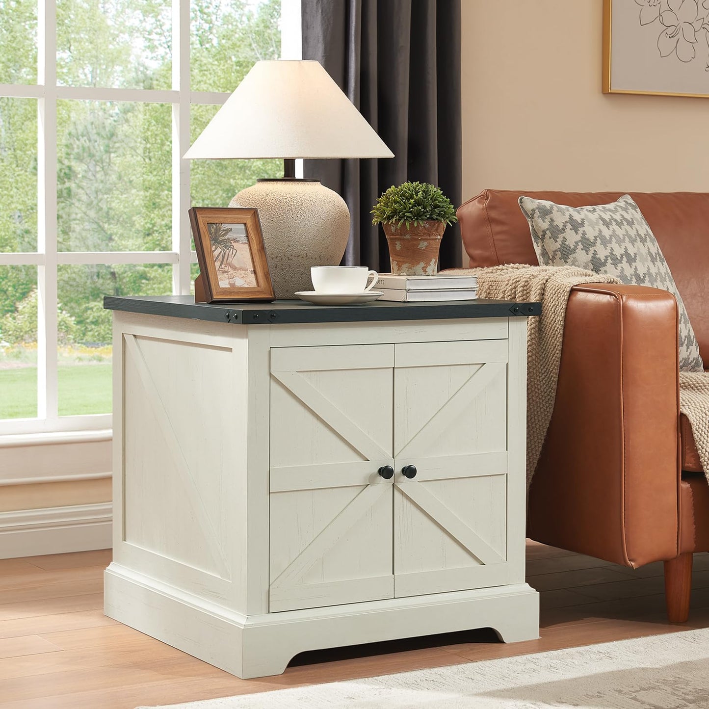 QUW 24" End Table Set of 2 with Charging Station, Side Table with Barn Door and Adjustable Shelves, Farmhouse Bedside Table, Nightstand for Bedroom, Living Room, White