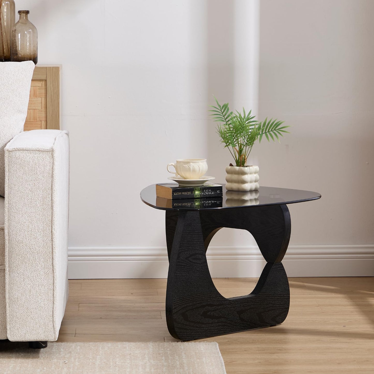Hyfirm Small Glass Coffee Table, 32.5" Black Triangle Center Table with Solid Wood Base Abstract Contemporary Coffee Table for Living Room Office Patio, Grey