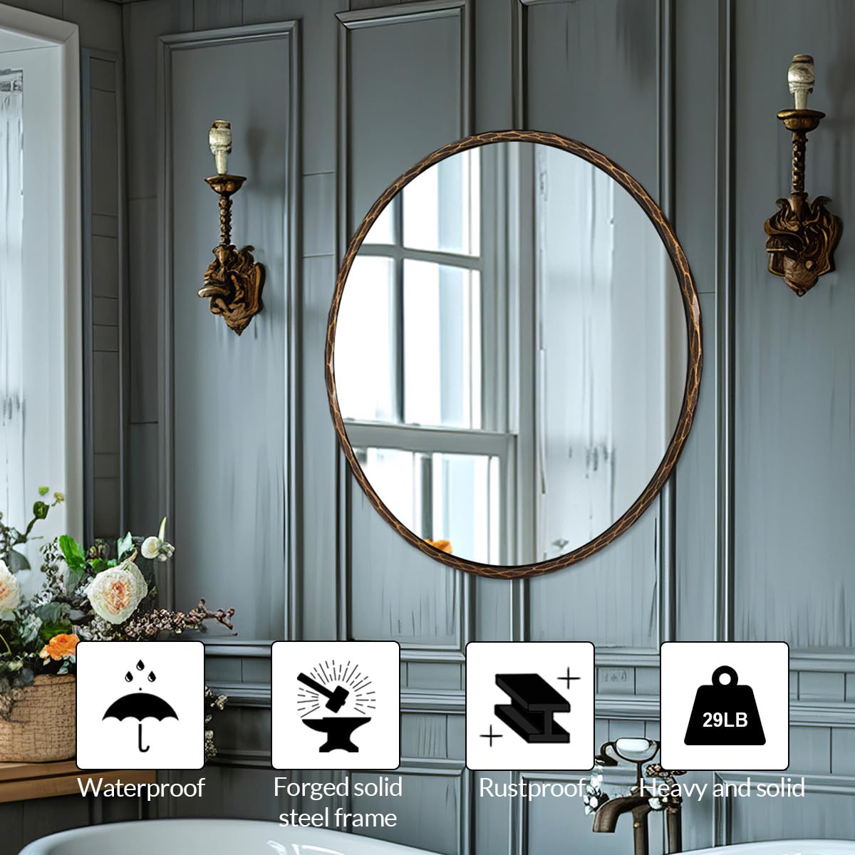 ANDY STAR Hand-Forged Bronze Round Bathroom Mirror, 30 Inch Antique Vanity Circular Mirror, Stainless Steel Rounded Mirrors for Wall Decor, Washroom, Entry, Fireplace