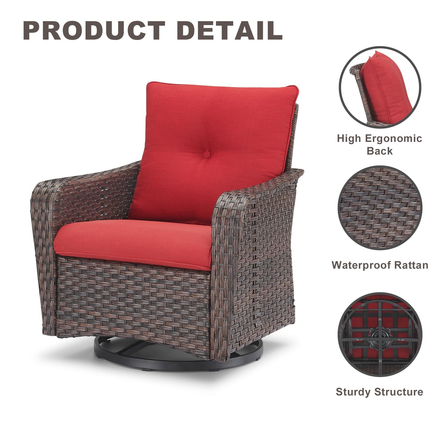 Rilyson Outdoor Patio Swivel Rocker Chairs - 2 PC Wicker Rattan Patio Rocker Glider Chair Set with High Back,Comfy Cushions and Deep Seating for Porch Deck Backyard Garden(Brown/Red)