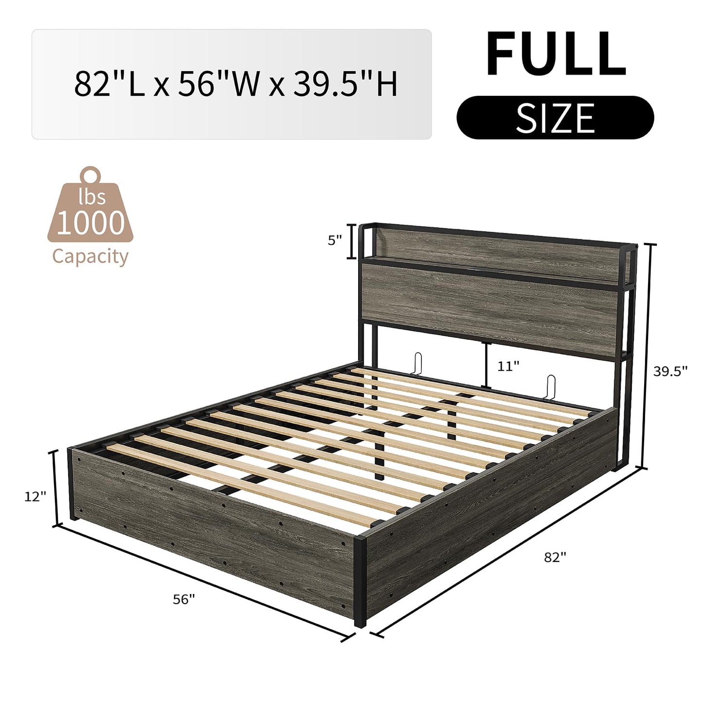 LUXOAK 3 Pieces Bedroom Sets, Includes Full Size Lift Up Storage Bed with Storage Headboard & Charging Station, 2 Drawers Farmhouse Nightstand Set of 2 with Charging Station, Rustic Grey