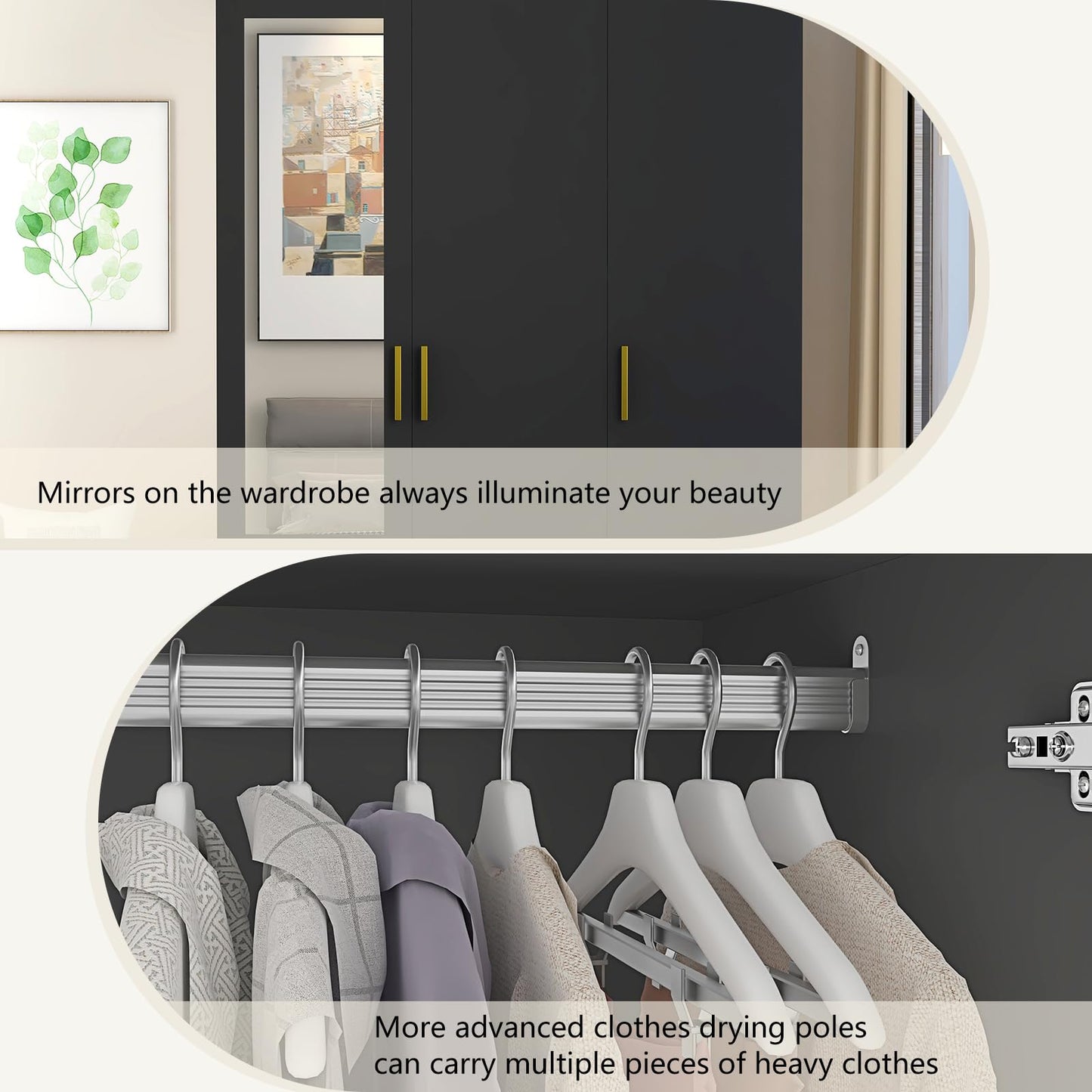 jiteentarou 3 Door Wardrobe Closet with Mirror and LED Lights, Bedroom Armoire with Drawers Shelves, Modern Wooden Armoire Wardrobe Closet with Hanging Rod for Bedroom, Black