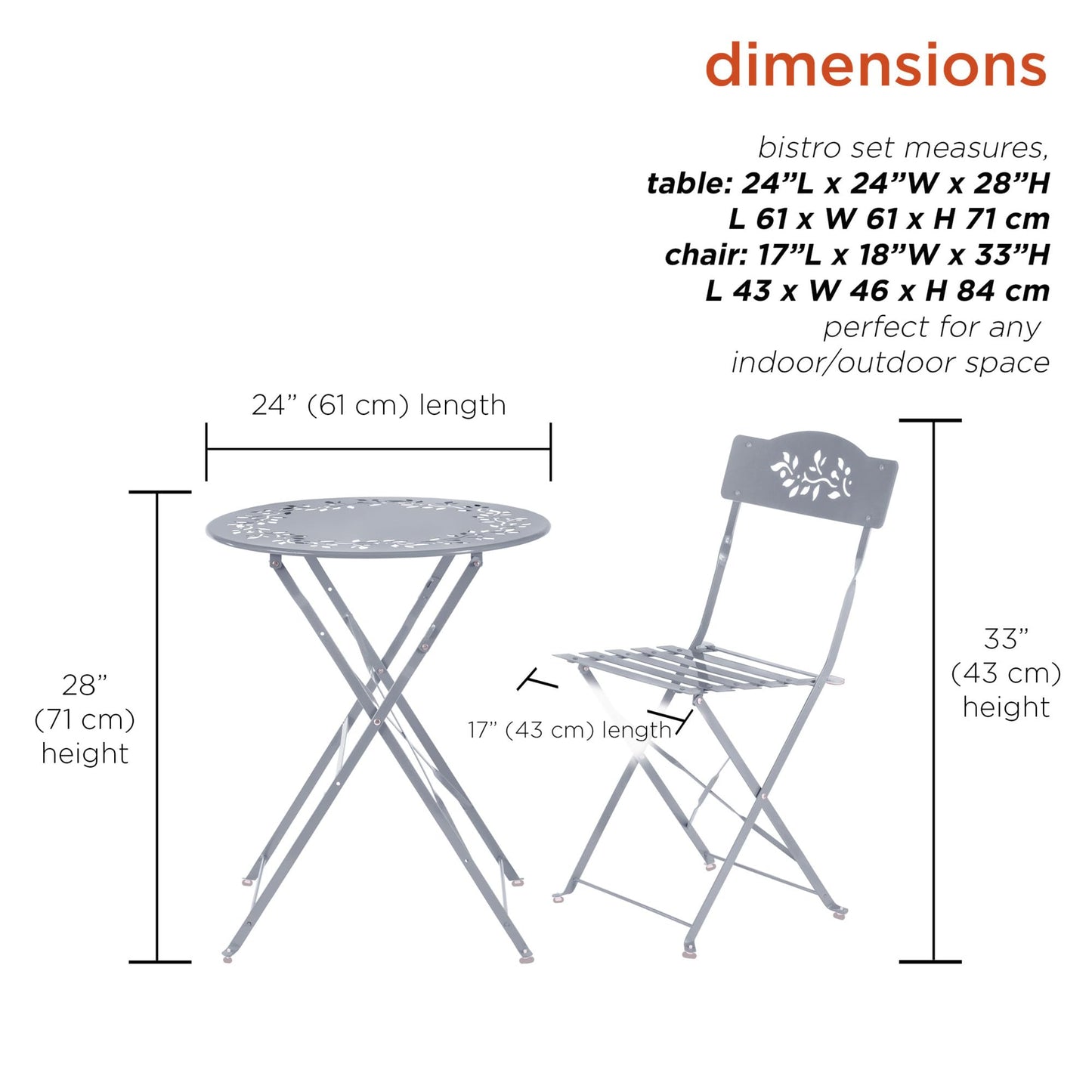 Alpine Corporation Indoor/Outdoor 3-Piece Bistro Set Folding Table and Chairs Patio Seating, Gray