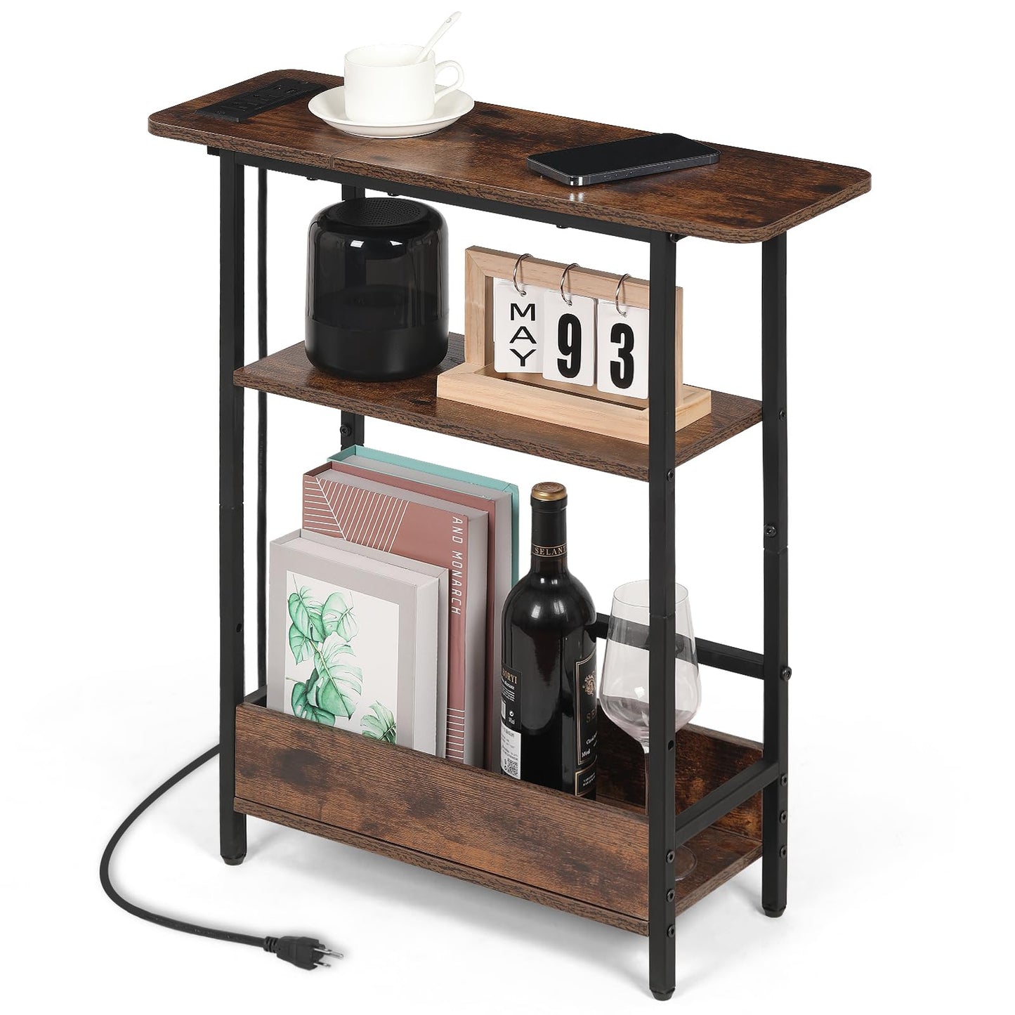 Narrow Side Table with USB-C Charging Station, 3-Tier Slim End Table with Magazine Holder, Modern Side Table for Couch or Small Spaces, Skinny Nightstand for Living Room or Bedroom