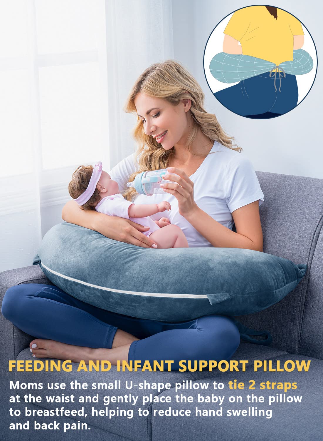 INSEN Reading Pillow, Back Pillow for Sitting in Bed for Reading, Nurse & Relax, Reading Pillow for Adults, Moms & Kids, Sit Up Pillow for Bed, Blue Bubble Velvet