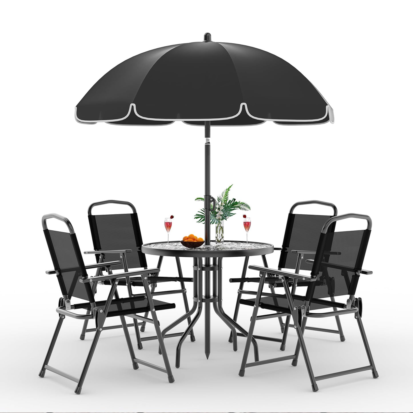 Patio Dining Set for 4 With Umbrella, Outdoor Furniture Set With 4 Folding Dining Chairs, Outdoor Table Umbrella Set With Tempered Glass Top Dinings Table