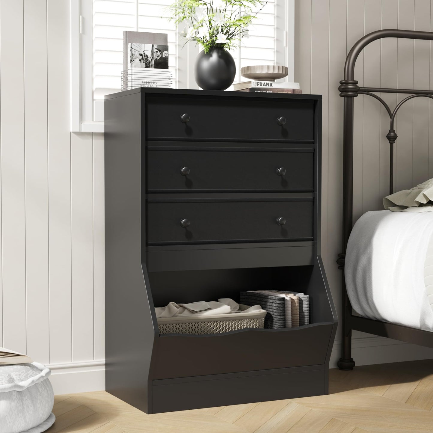 MHOM Fabric Dresser for Bedroom, Small Dresser with PU & Fabric Drawers, Modern Wooden Storage Cabinet with Open Cube for Closet, and Bedroom, Black