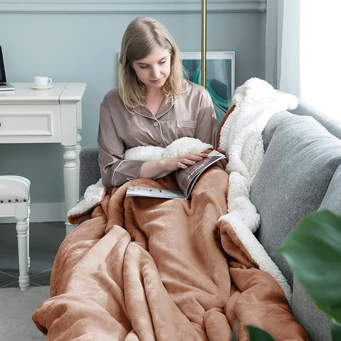 IR Imperial Rooms Sherpa Blankets Queen Size - Thick and Warm Blankets for Winter, Reversible Soft and Fuzzy Fluffy Queen Size Blanket for Bed, Camel, 90x90 Inches