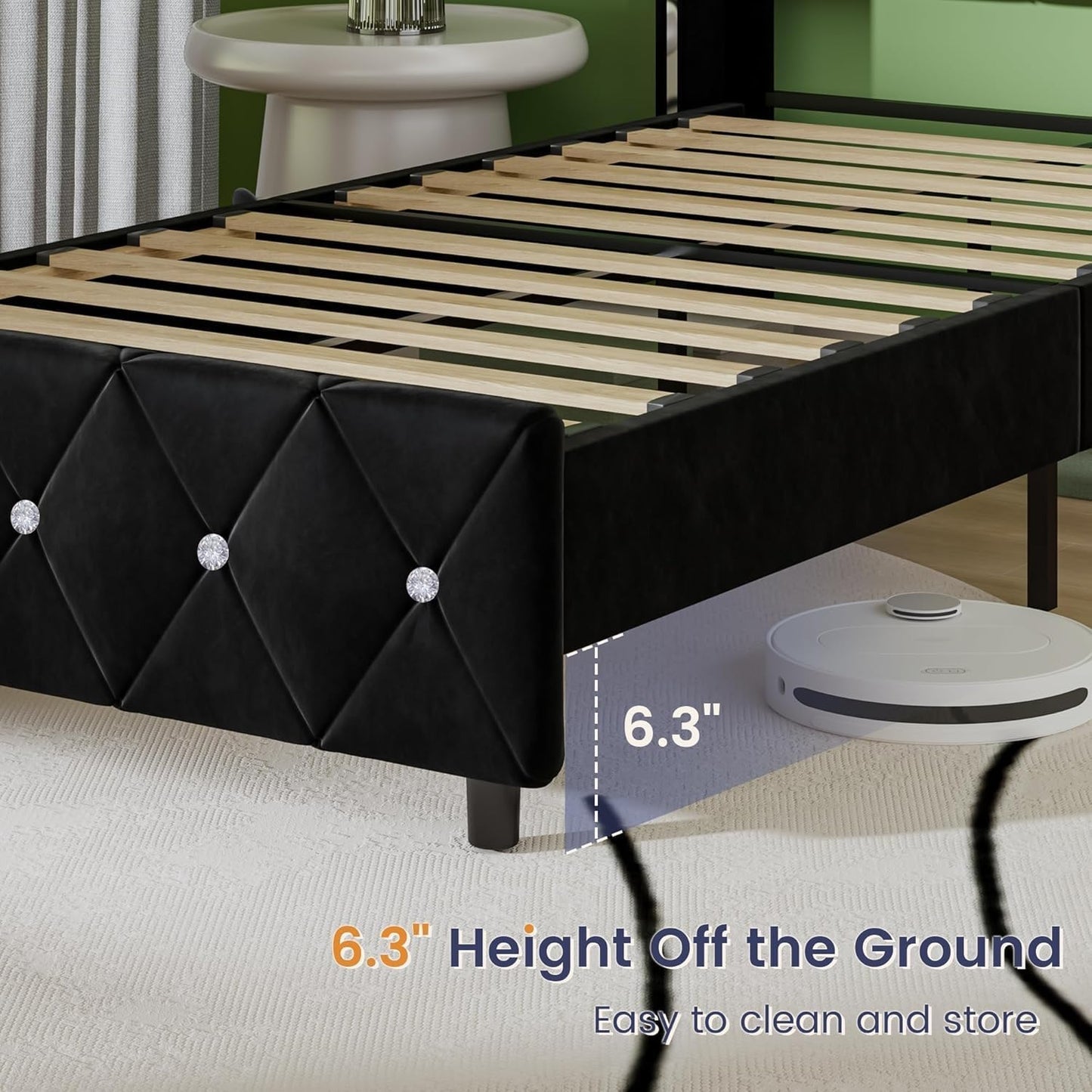 Twin Bed Frames, Upholstered Platform Bed Twin Size with Diamond Tufted Headboard, Modern Velvet Bed Frame with Wingback Design, No Box Spring Needed, Easy Assembly, Black