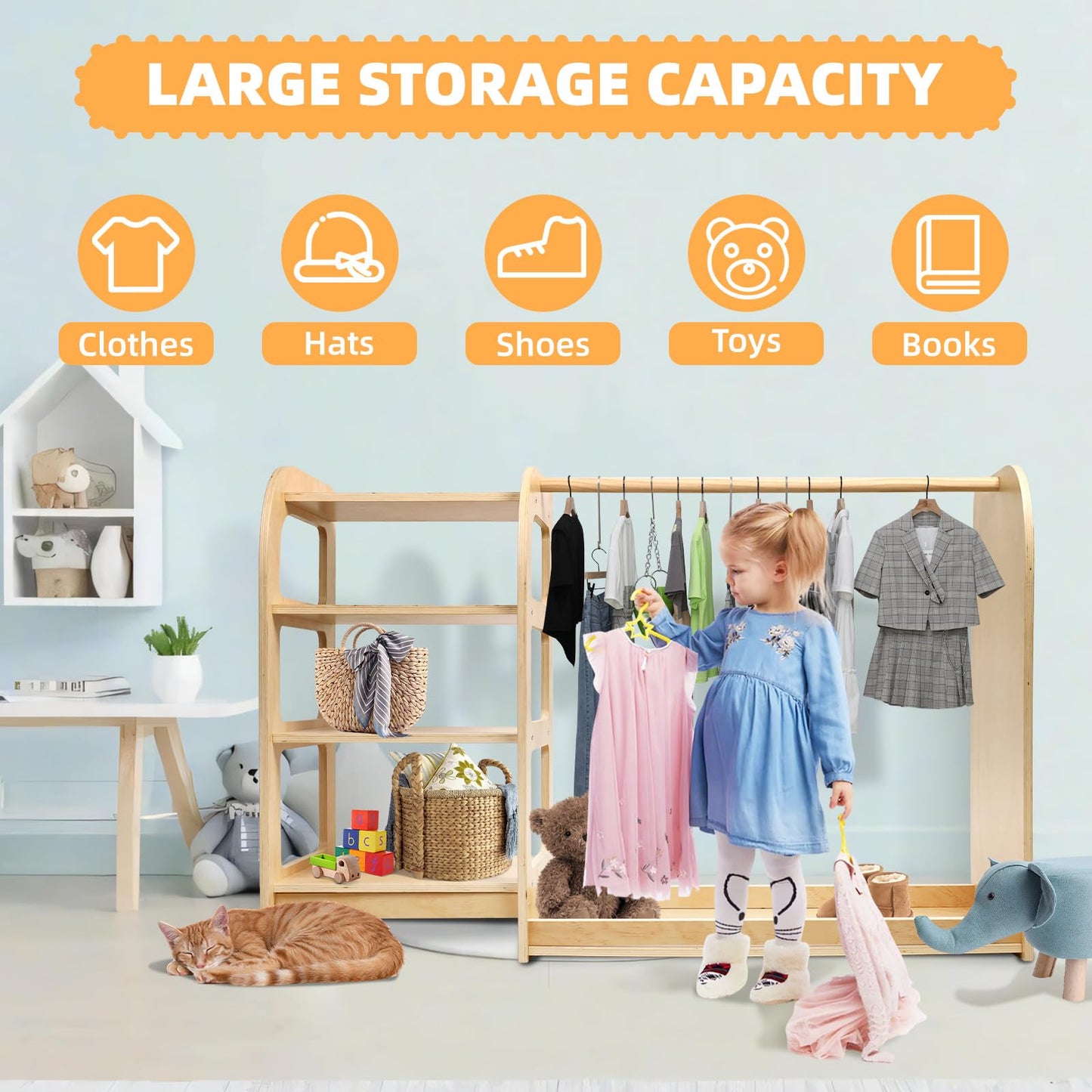 Kids' Dress Up Storage Closet with Mirror, 31.5 Inch Kids Wardrobe Closet with Shelves for Girls and Boys, Wooden Costume Organizer for Bedroom, Classroom, Playroom
