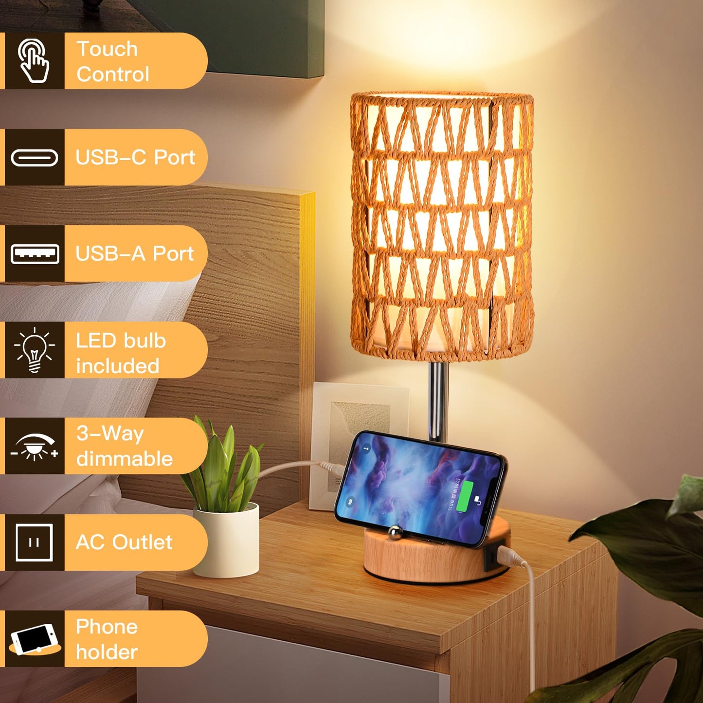 Rattan Table Lamps for Living Room, 3 Way Dimmable Touch Lamps, Small Bedside Lamps with LED Bulbs, Phone Stand, USB Ports and AC Outlet, Boho Nightstand Lamp for Bedroom Office (2 Pack Faux Wood)