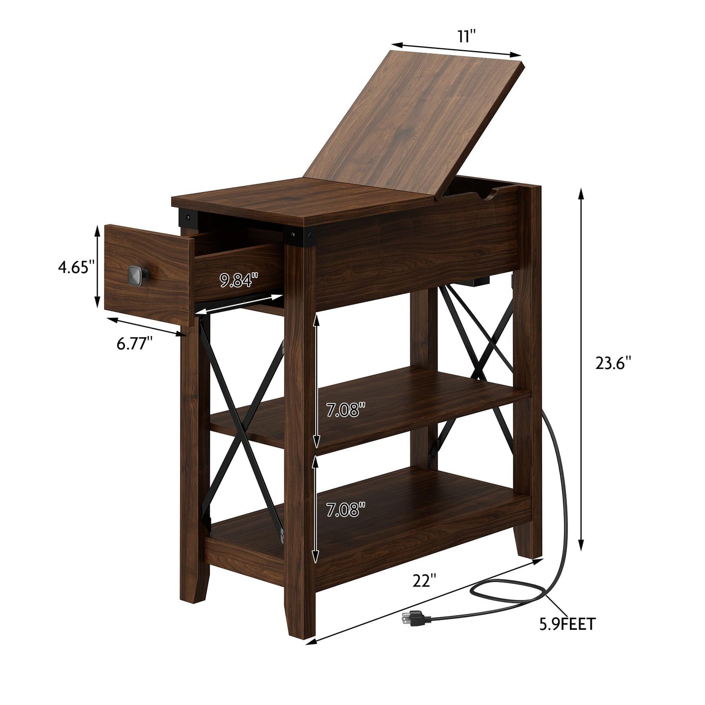 Awescuti Narrow End Table with Charging Station - Farmhouse Slim Side Table Set of 2, w/USB Ports Power Outlets, Nightstand w/Flip Top Storage Drawer, for Small Spaces Living Room Bedroom, Walnut