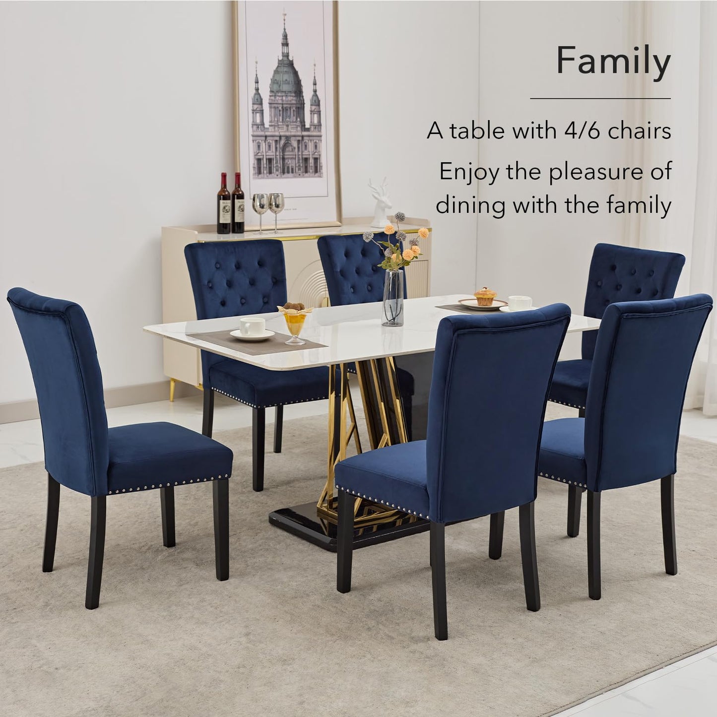 adochr Velvet Dining Chair Set of 2, Parsons Upholstered Dining Room Chair, Wood Accent Chair with Nailed Trim, Blue