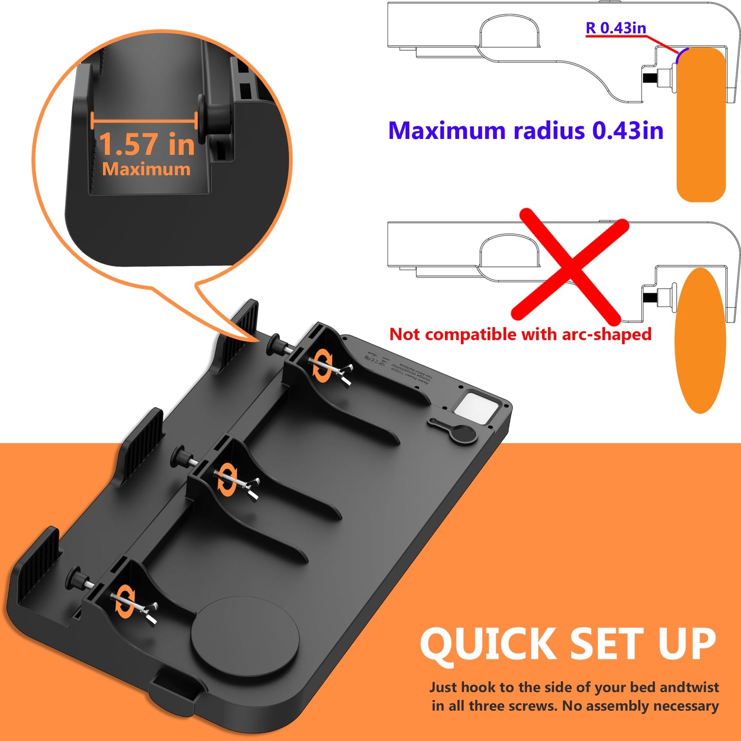 Bedside Shelf for Dorm Bunk Bed with USB Charging Port and AC Outlets, Bunk Bed Extender, Attachable Bedside Table, College Dorm Essential Clip On Bedside Tray, Bunk Bed Accessories, Plus Size, Black