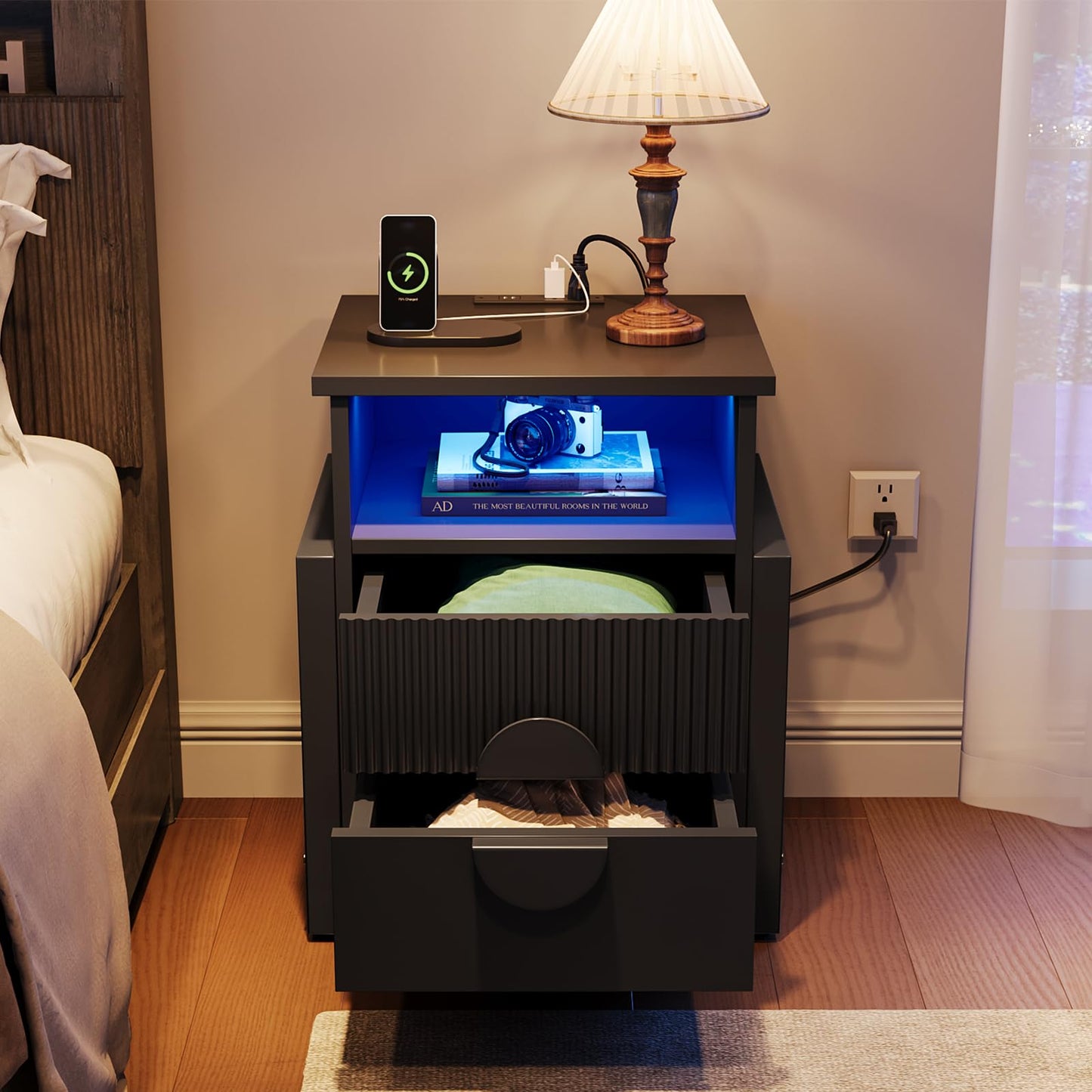 LGHM Fluted Nightstand with Strip Lights, Charger Station, Night Stand with 2 Drawers, Accent Bed Side Table and End Table,Curved Profile Design, Raising H Legs for Bedroom, Living Room,Black