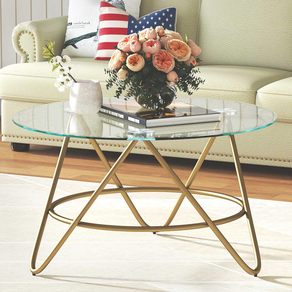OIOG Round Coffee Table, Glass Coffee Table for Living Room, Bedroom, Home Office, Modern Coffee Table with Tempered Glass Tabletop, Gold
