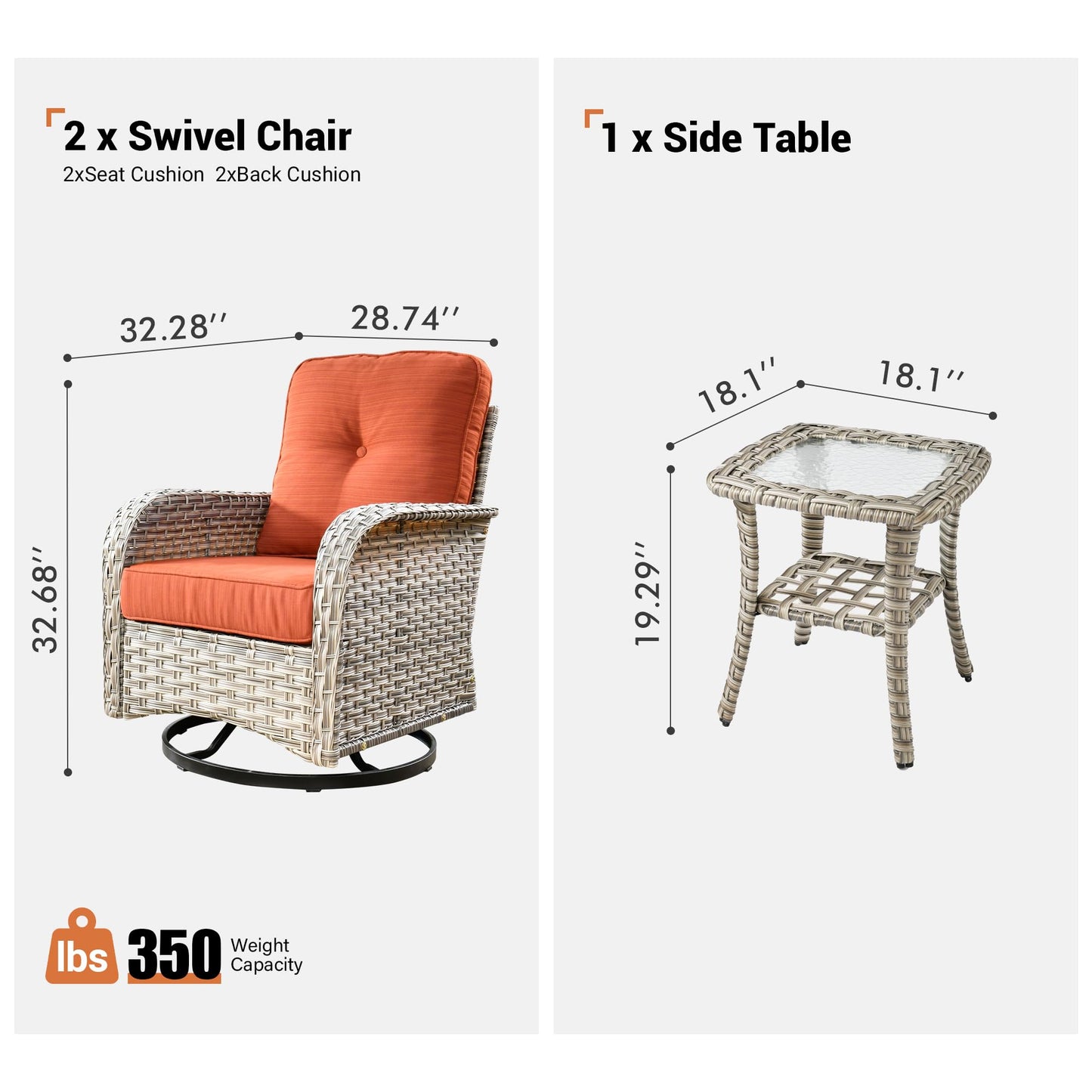 ovios Outdoor Swivel Rocking Chair Set of 3 with Coffee Table, Patio Wicker Rocker with Comfortable Thicken Deep Seating, Comfy Rattan Glider Chairs for Porch Deck Balcony Garden Backyard, Orange