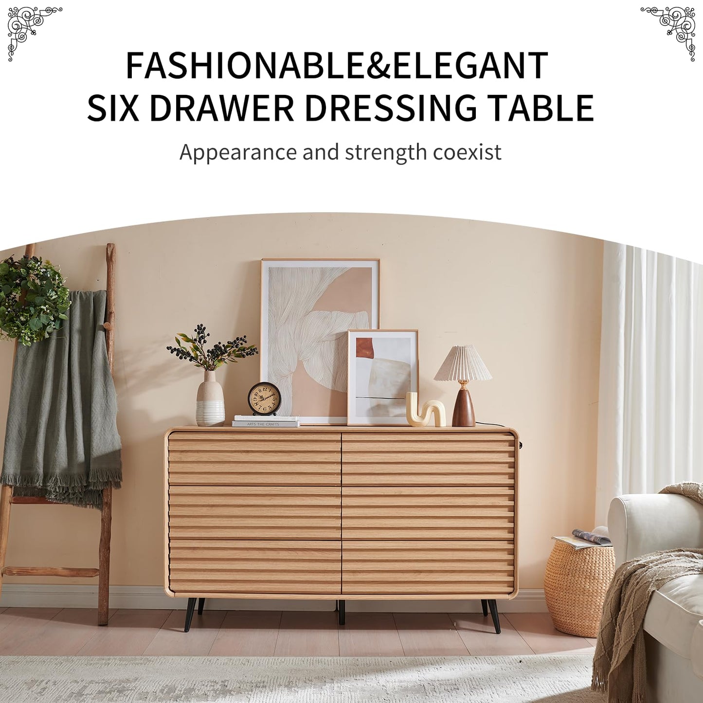 systemktesm Fluted 6 Drawers Dresser for Bedroom, 54" Wide Modern Chest of Drawers with Metal Handle, Farmhouse Dresser TV Stand, Wood Drawer Organizer for Bedroom, Living Room, Hallway (Natural Oak)