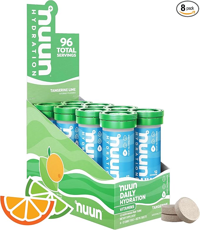 Nuun Vitamins Electrolyte Tablets with Vitamin D, C, E, A, & B6, Folic Acid, Magnesium & 4 Other Essential Electrolytes, Gluten Free & Vegan, Tangerine Lime, 8 Pack (96 Servings Total)