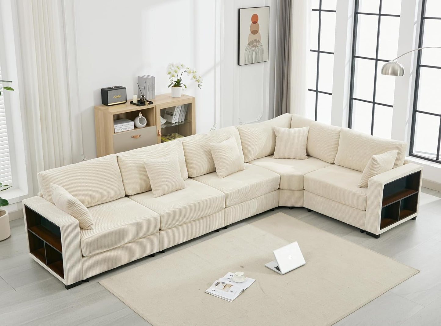 Makkki 148'' Oversized L-Shaped Corner Sofa Couches, Large Convertible Modular Sectional Sofa, Extra Deep Oversized 5 Seat Set with Chaise&Storage Cabinet for A Cozy Living Room, White