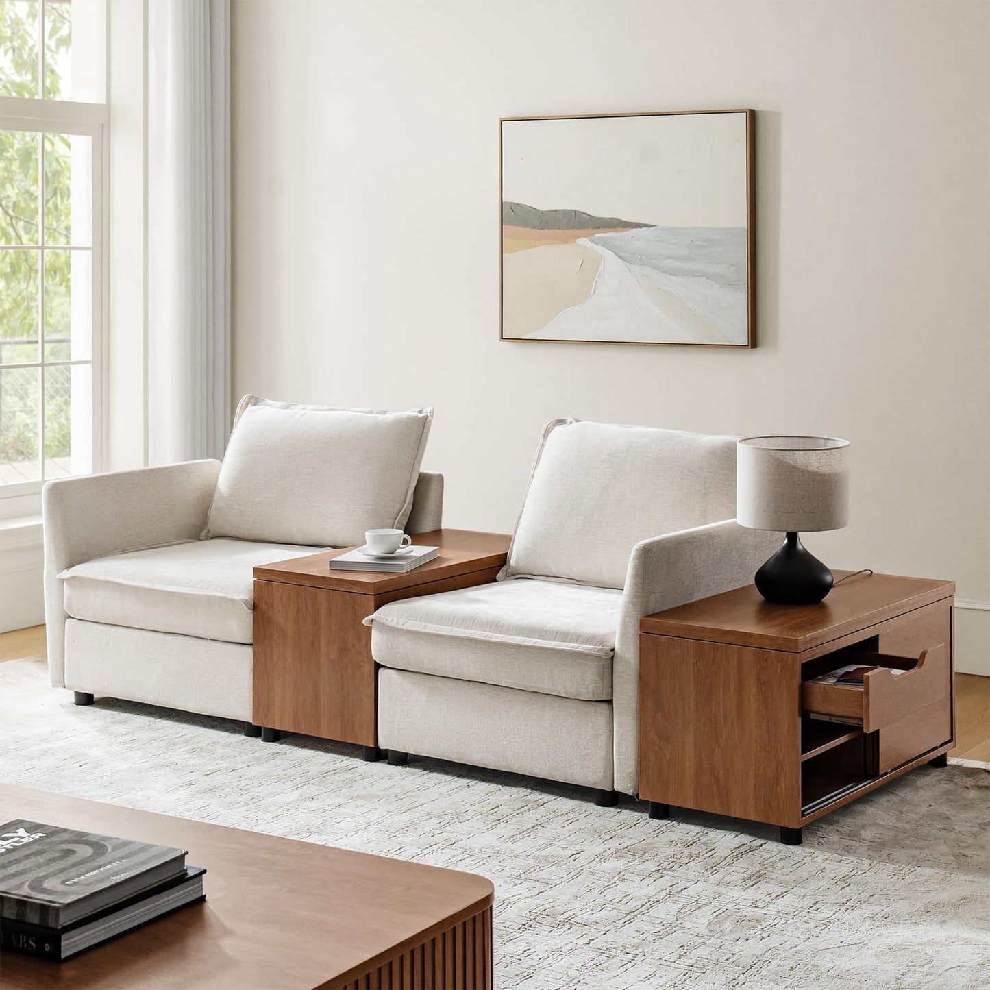 HULALA HOME Coffee Tables Set of 2 with Storage, Modern Sofa Side Tables with Modular Design, Rectangle Wood End Tables with Adjustable Shelves, Acorn