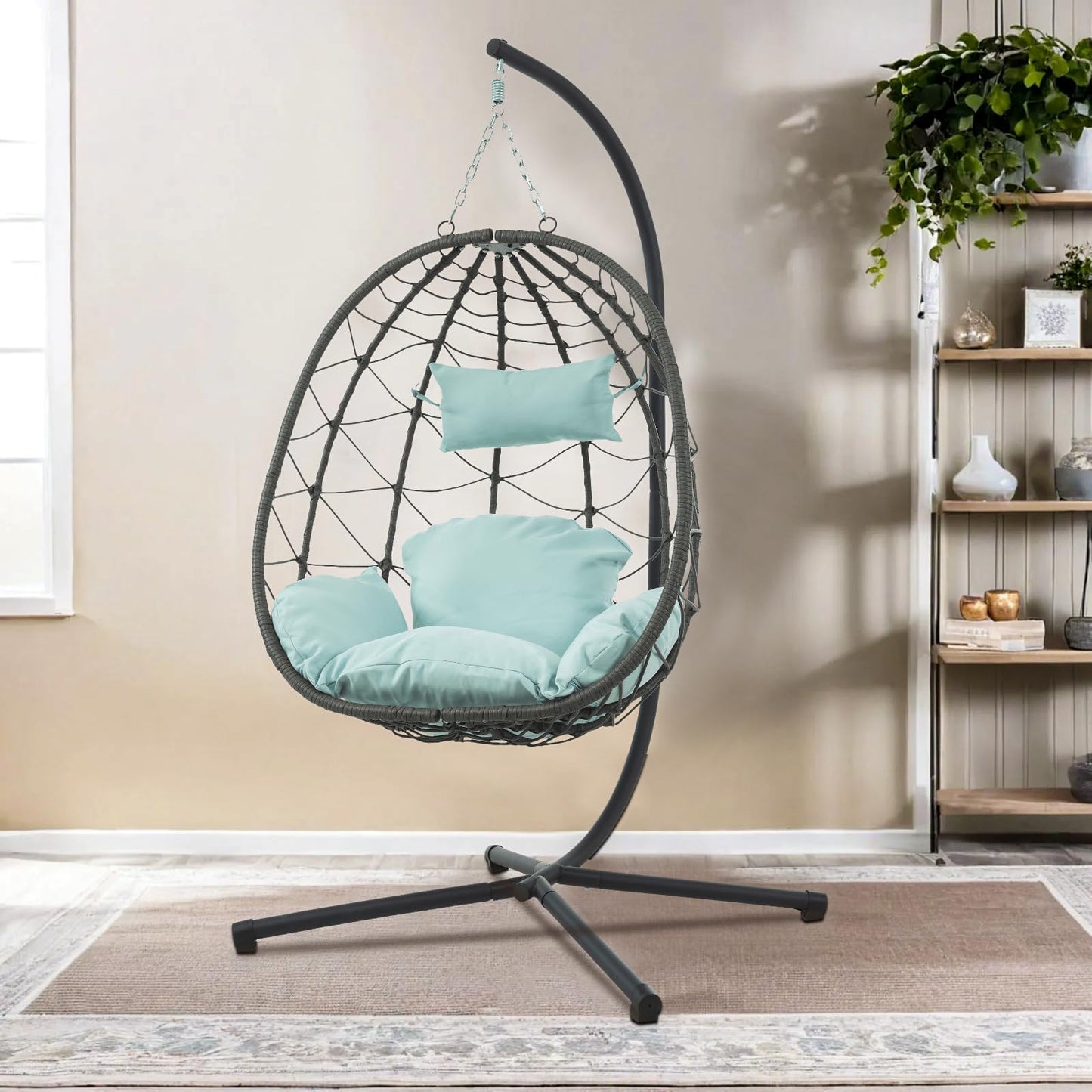 Hanging Egg Chair with Stand Egg Chair Indoor Outdoor, Patio Swing Hammock Egg Chairs, UV Resistant Removable & Washable Thicken Padded Cushions, 350LBS Capacity for Bedroom, Balcony, Garden, Blue