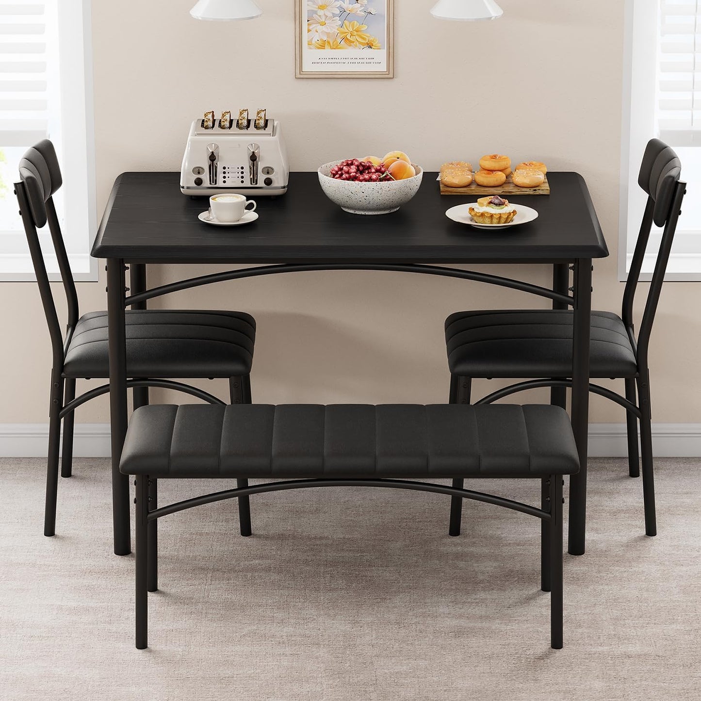 TROPOW Dining Table Set for 4, Kitchen Table and 2 Chairs & 1 Bench with Upholstered, 4 PCS Dining Table Set for Small Space, Apartment Home Kitchen