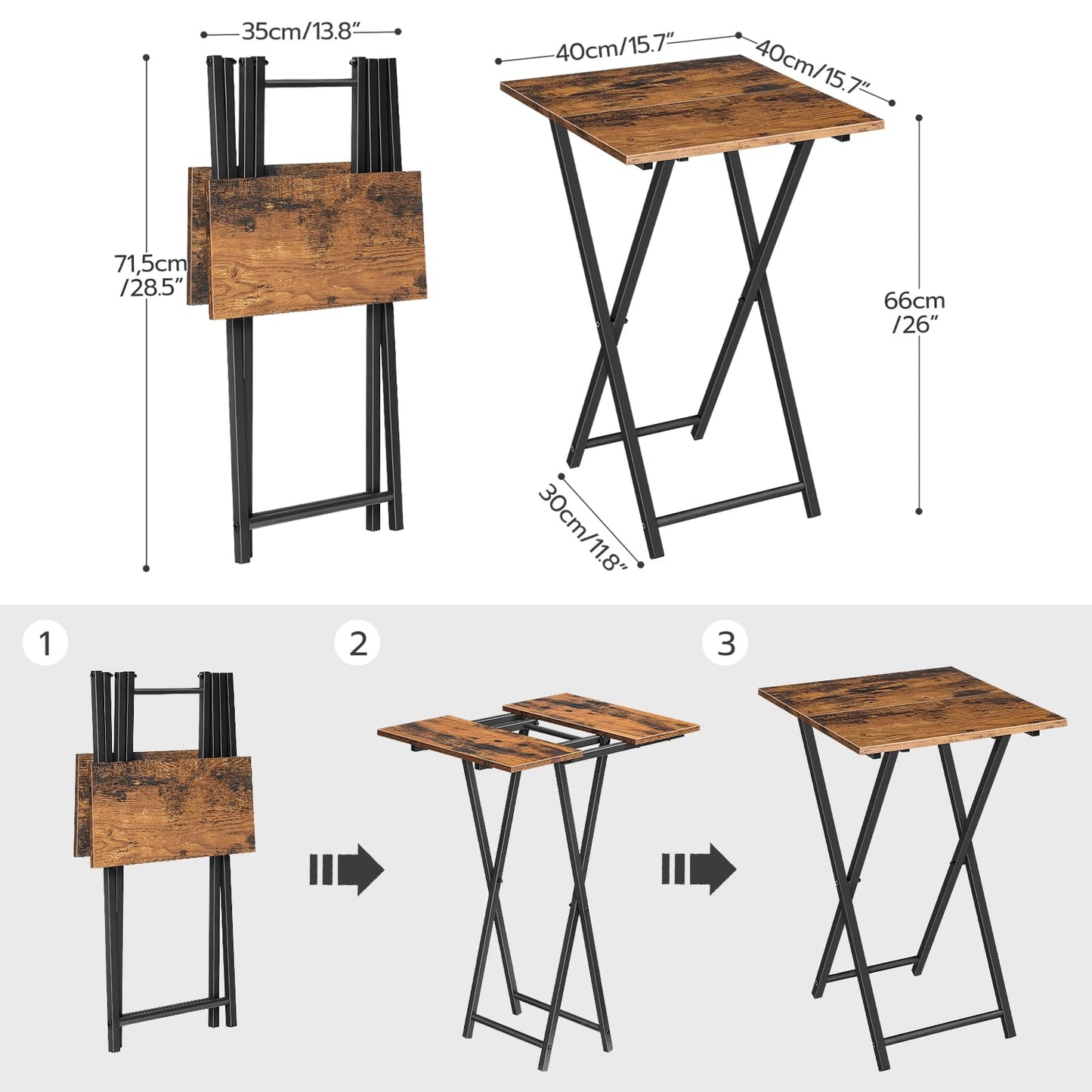 HOOBRO Folding TV Tray Table, Wooden TV Tray, Portable Sofa Side Table, Industrial Snack Table End Table for Small Spaces, Space-Saving, Easy to Install and Fold, Rustic Brown and Black BF27BZ01