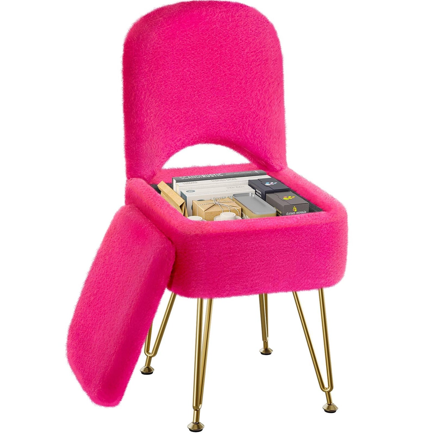 GREENSTELL Vanity Stool Chair with Storage and Folding Back, 13.4" x 15" x 30" Square Faux Fur Soft Ottoman, 4 Metal Legs with Anti-Slip Feet, Furry Padded Seat for Makeup, Bedroom, Rose
