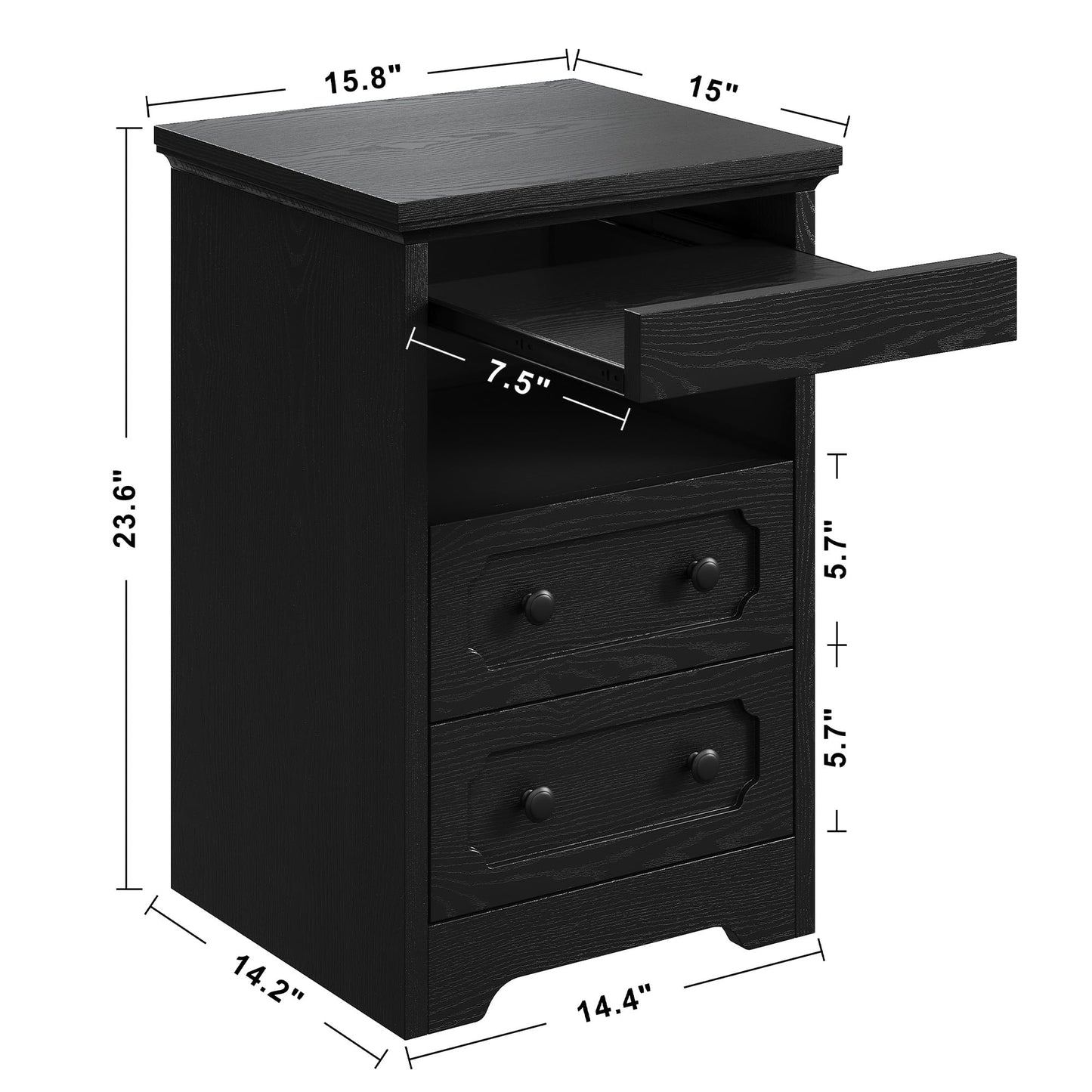 LIKIMIO Night Stand, Modern Bedside Table with 2 Drawers, Open Shelf, End Table with Pull-Out Tray, Wood SideTable, Black