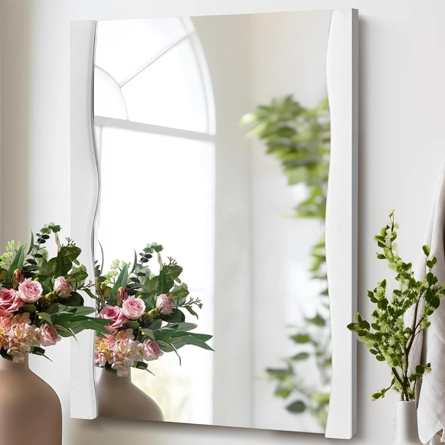 Tanmicoshomy White Bathroom Mirror 20x28 Inch, Asymmetrical Wood Framed Rectangle Wall Mirrors for Bedroom or Living Room, Vertical or Horizontal Hanging