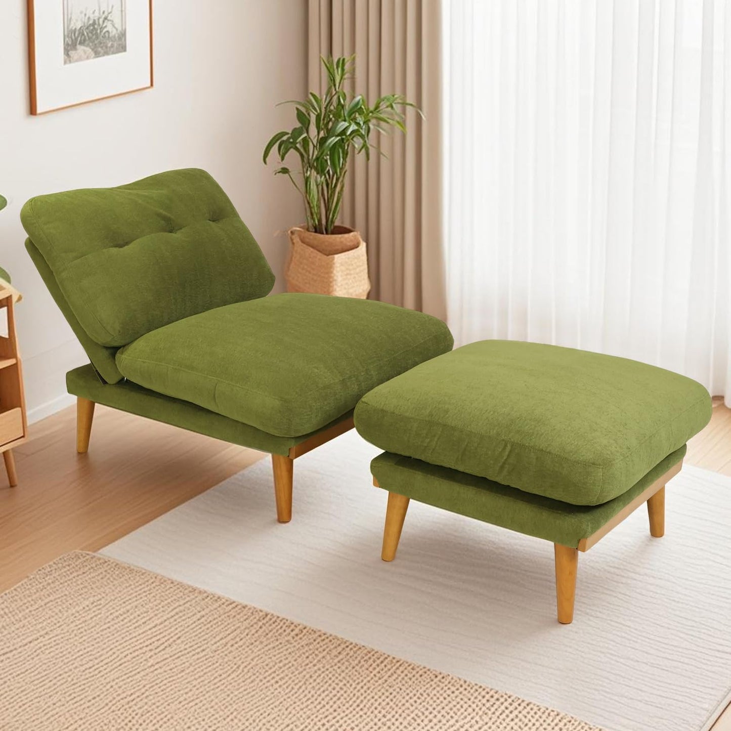 Modern Accent Chair with Ottoman - Cloud-Like Down-Filled Recliner, Adjustable Backrest Lounge Chair with Solid Wood Frame, Sherpa Fabric & Overstuffed Puffy Cushion for Living Room (Grass Green)