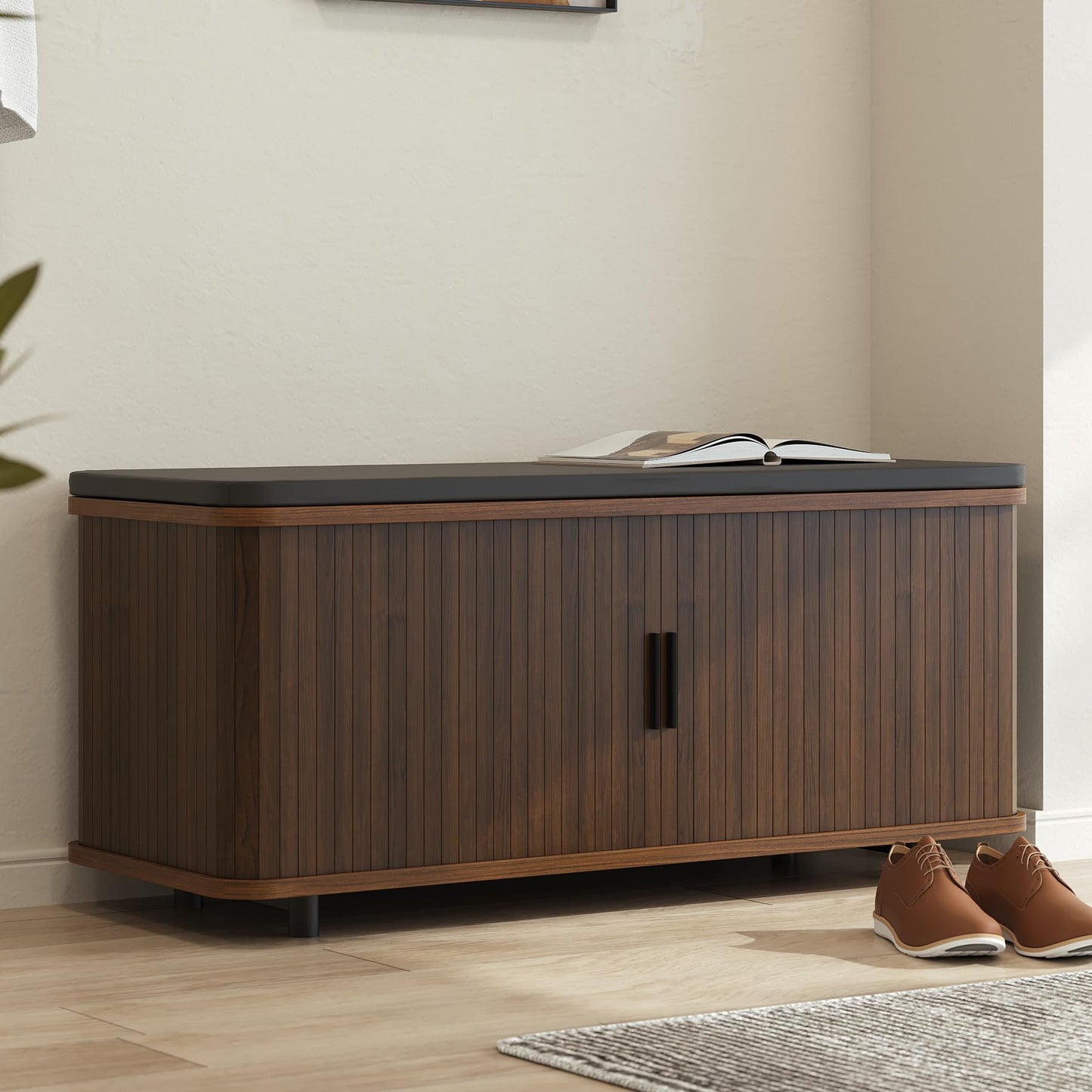 Shoe Storage Bench with Upholstered for Entryway Bedroom, 8 Pairs Wood Shoe Rack Benches with Padded Seat Cushion and Fluted Door for Living Room Hallway Entrance, Rustic Brown Black