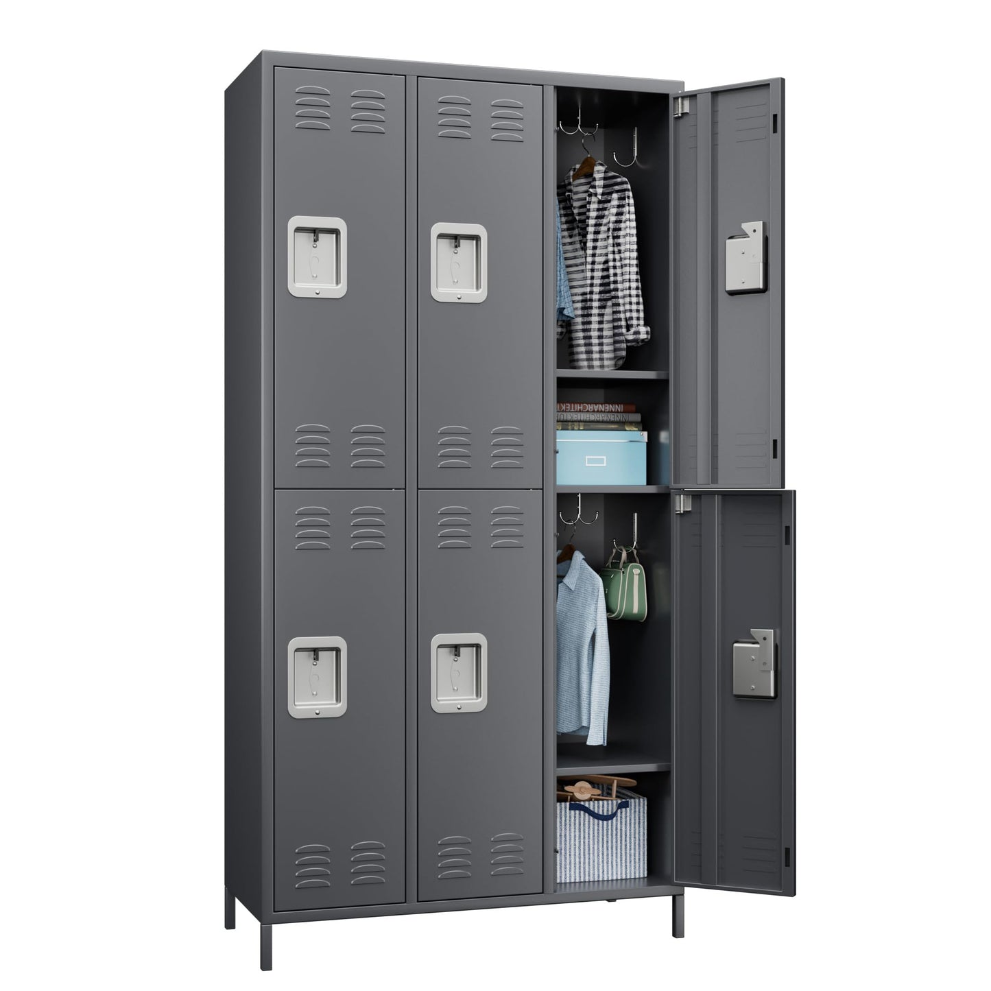 SUPEER 6 Doors Metal Lockers for Employees with Lock, Metal Locker with 18 Hooks for School Garage Office Gym Home,Assembly Required,Dark Grey