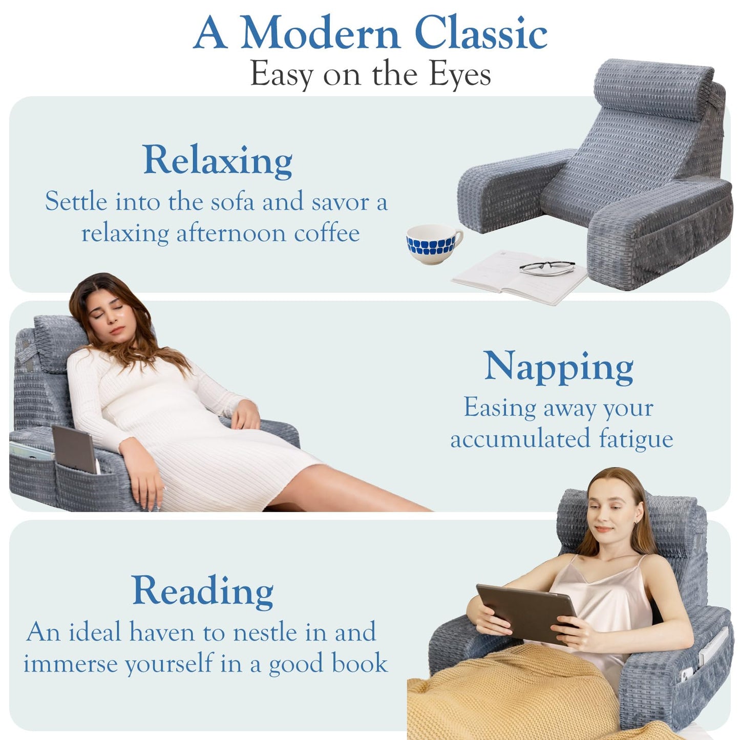 Selectico Reading Pillow for Bed, 19" Back Pillow for Bed Sitting up, Big Pockets & Built-in Arms, Backrest Cushion, Wedge Support for Reclining/Reading/Resting/Watching TV, Washable Cover, Grey