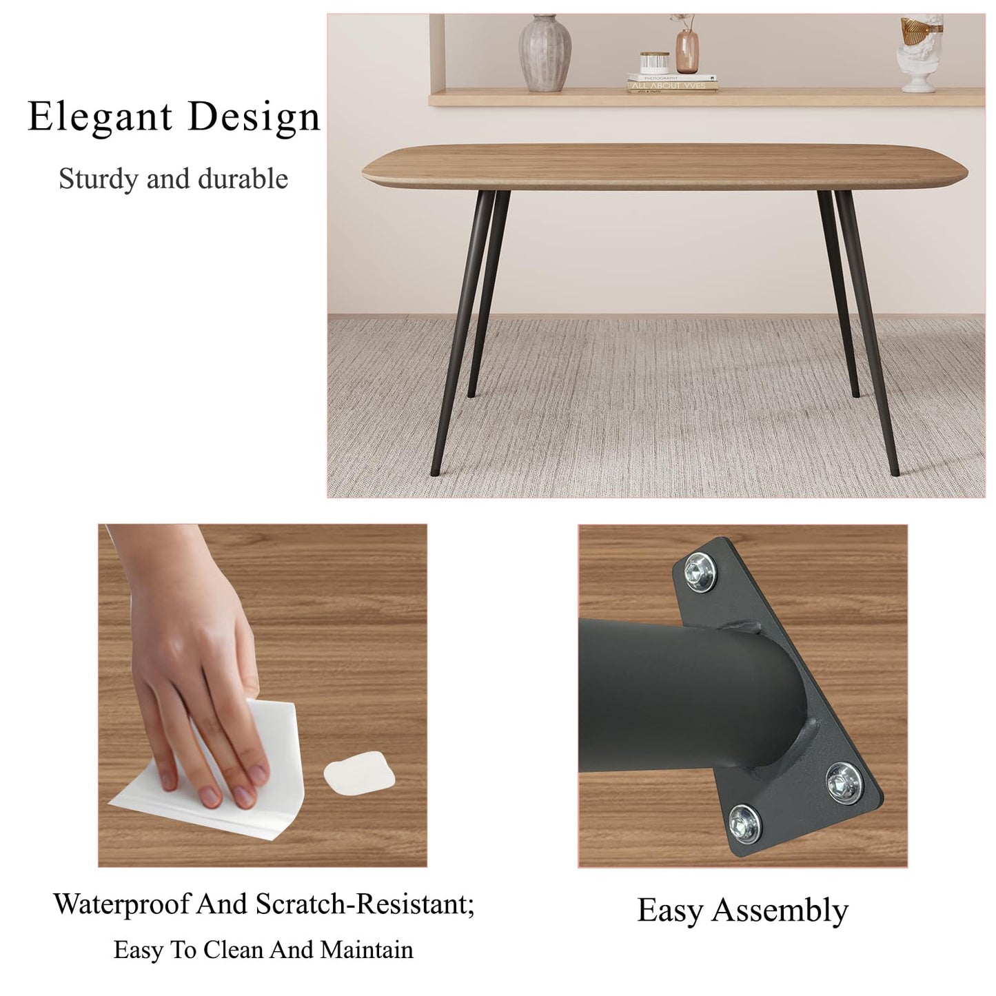 HIPIHOM 47.2'' Dining Table Set for 4,Modern Wood Dining Table,Leather Dining Chairs 4,Table and Chairs Set of 4,Ideal for Kitchen Dining Room (Walnut Color Table + 4 U-Shaped Brown Chairs, 47.2")