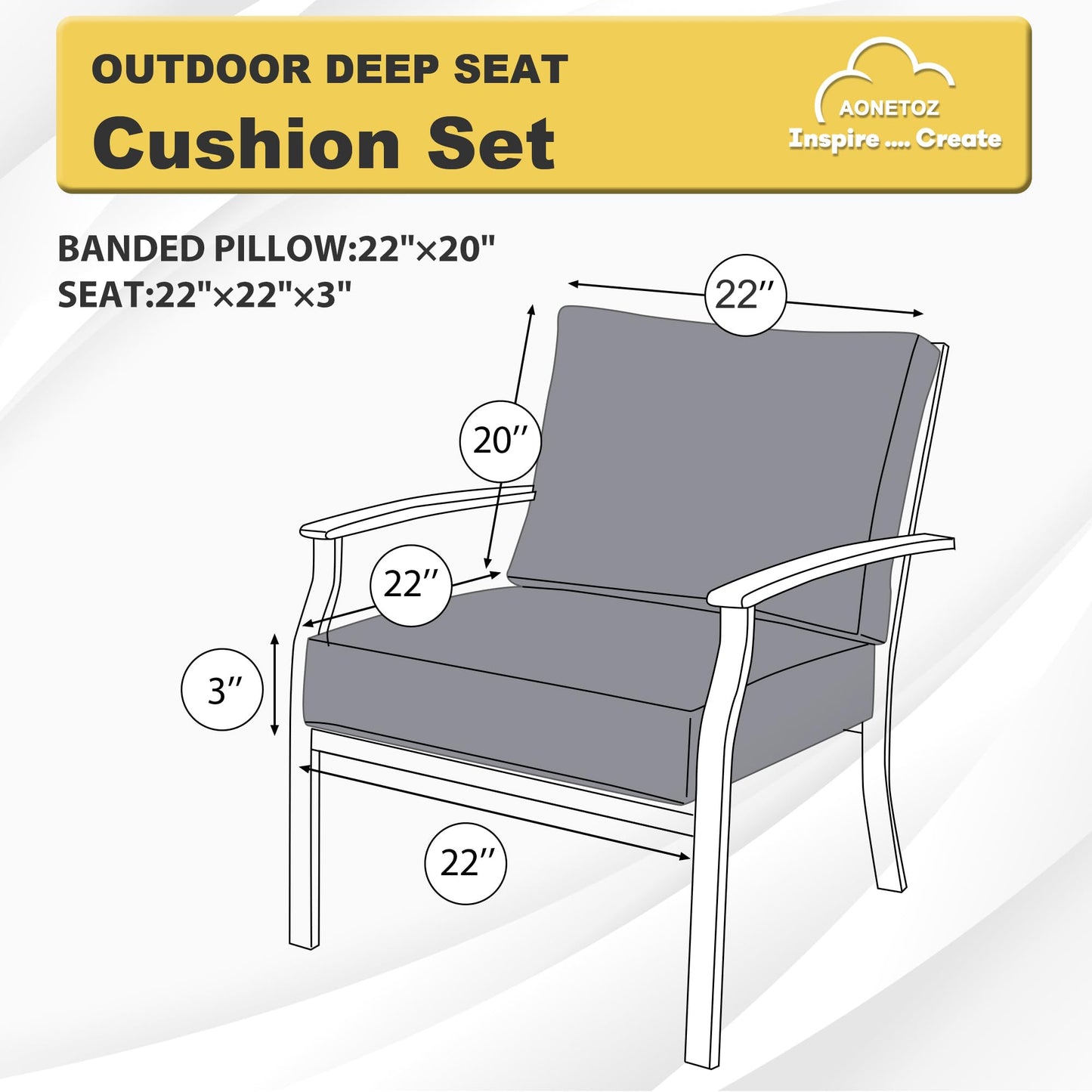 AONETOZ Deep Seat Patio Cushions Set 22 x 22 Inch,Olefin Fabric Outdoor Seat Cushion,Patio Furniture Cushions with Removable Cover,Rain-Proof and Fade Resistant Deep Seat Bottom & Back Cushion,1set