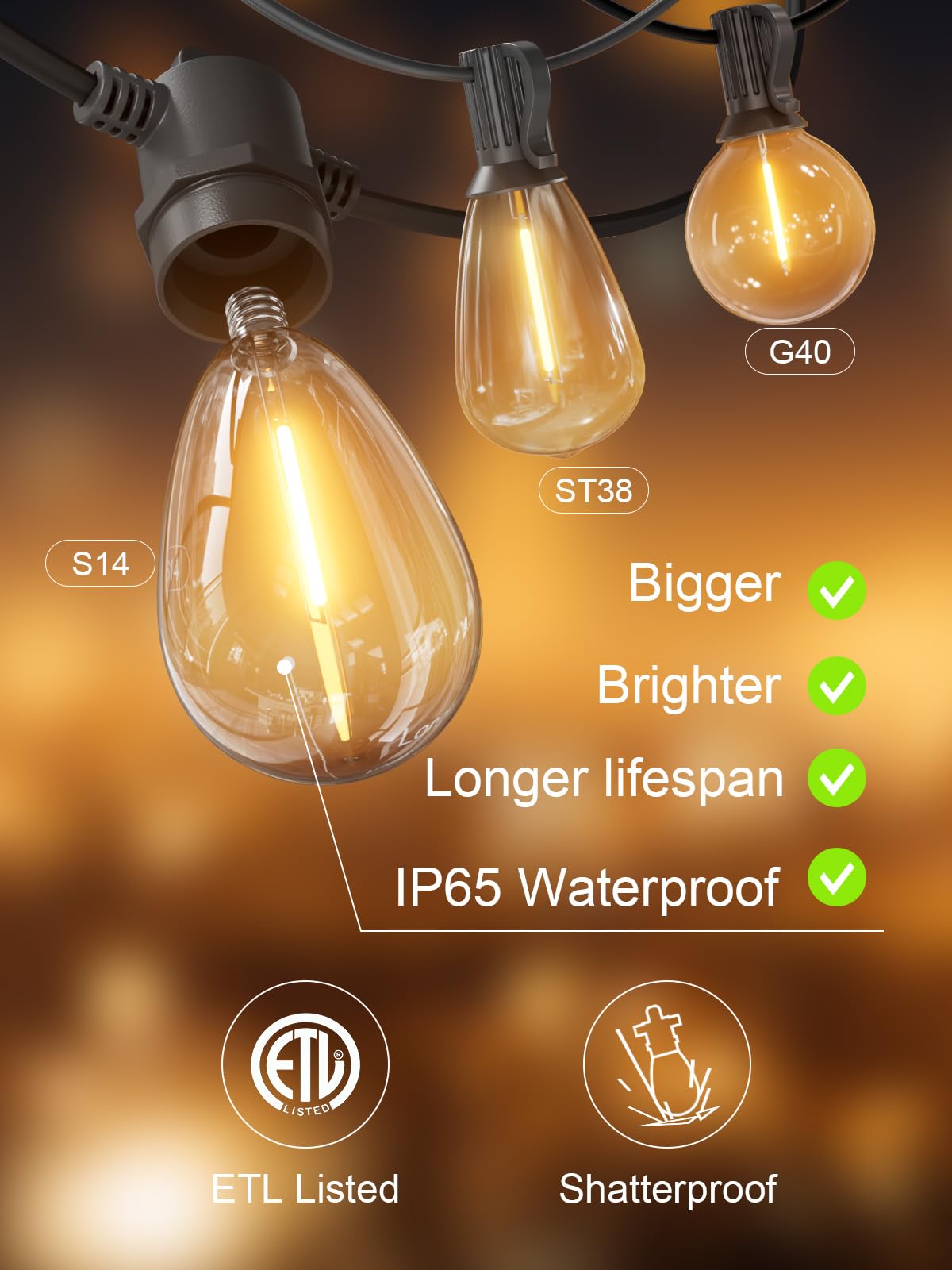 Svater Outdoor String Lights 200 FT, Patio Lights for Outside with Shatterproof LED Bulbs, Waterproof IP65 Commercial Hanging Light for Backyard Porch Balcony Bistro Party, 2700K