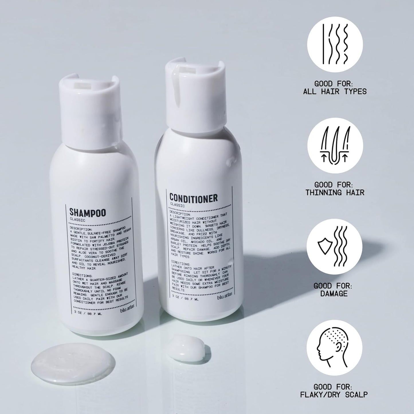 Blu Atlas Travel Size Shampoo & Conditioner Set for Men – TSA Approved, 3 oz Each – Natural, Sulfate-Free, Paraben-Free – Clean Ingredients – Classic Scent – Made in America