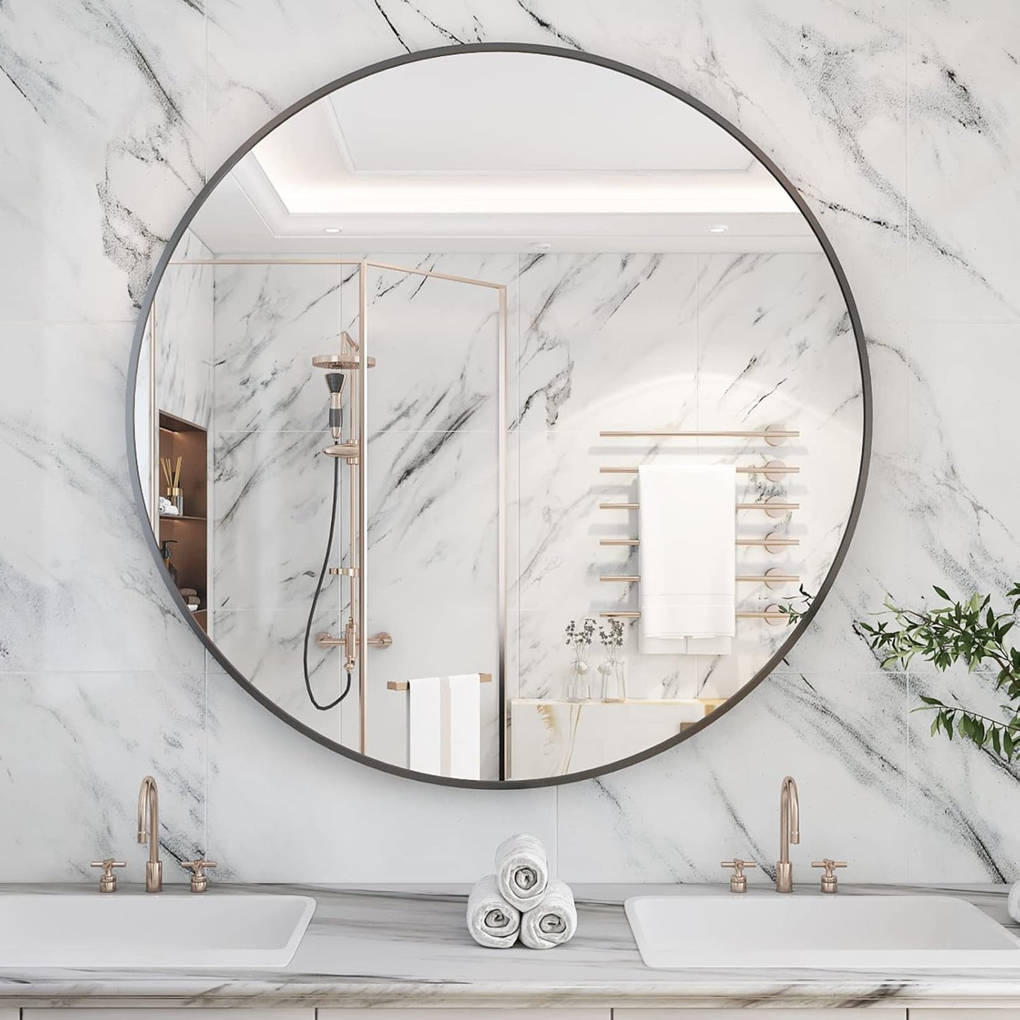 Koonmi 36" Black Circle Mirror Wall Mounted Round Mirror with Metal Frame for Bathroom/Living Room/Vanity/Bedroom