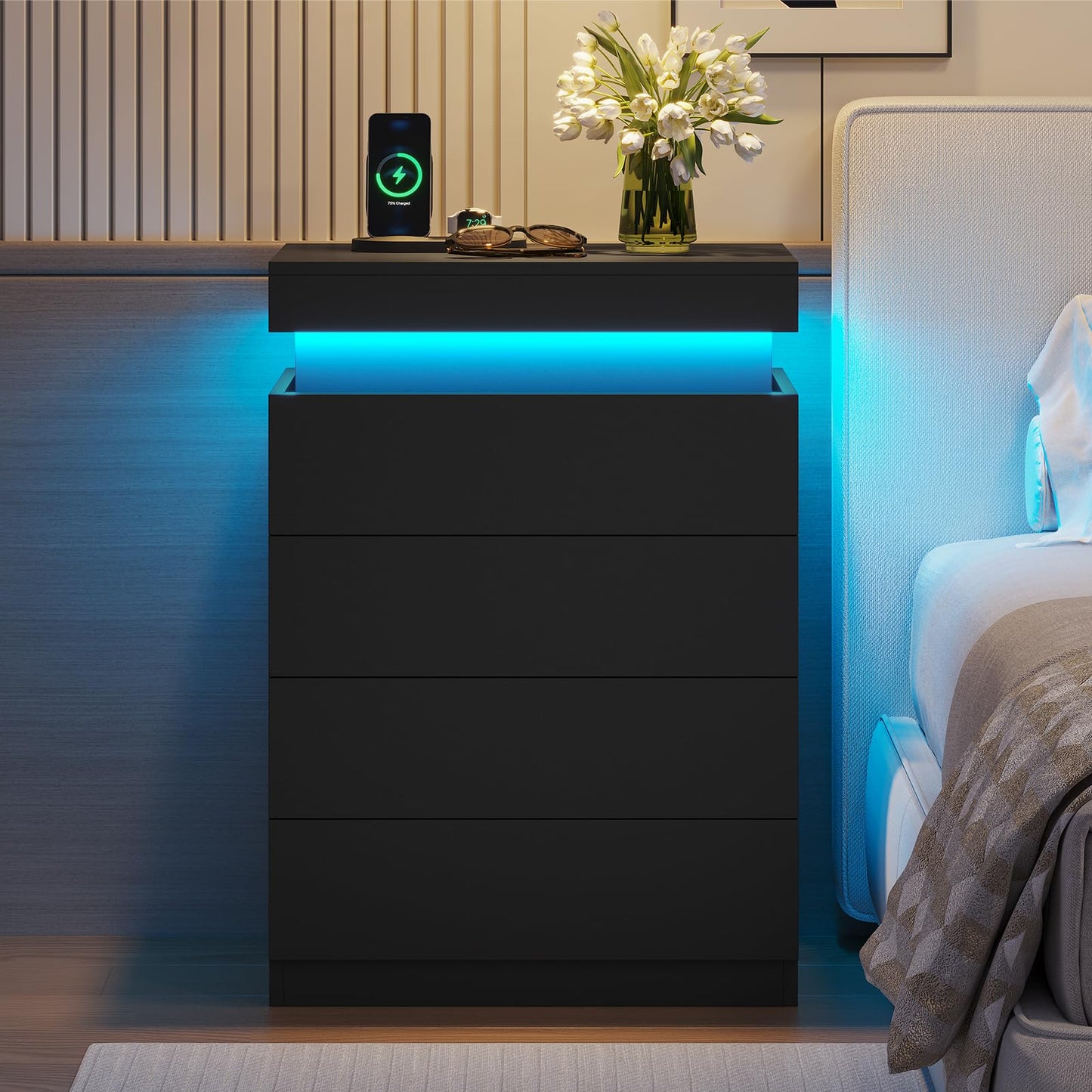 ADORNEVE Black Night Stand Set of 2,Tall Nightstand with Charging Station & LED Light & Sliding Top,Bedside Table with Drawers,Modern Bed Side Tables Bedroom
