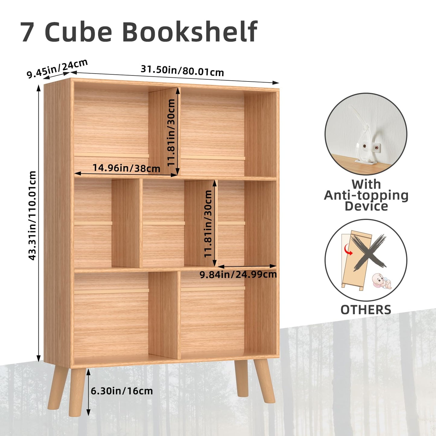 LEYAOYAO 7 Cube Bookshelf, 3 Tier Modern Bookcase with Legs, Mid-Century Modern Wood Book Shelves Storage, Boho Natural Book Case, Freestanding Organizer Display Shelf for Bedroom,Living Room,Office