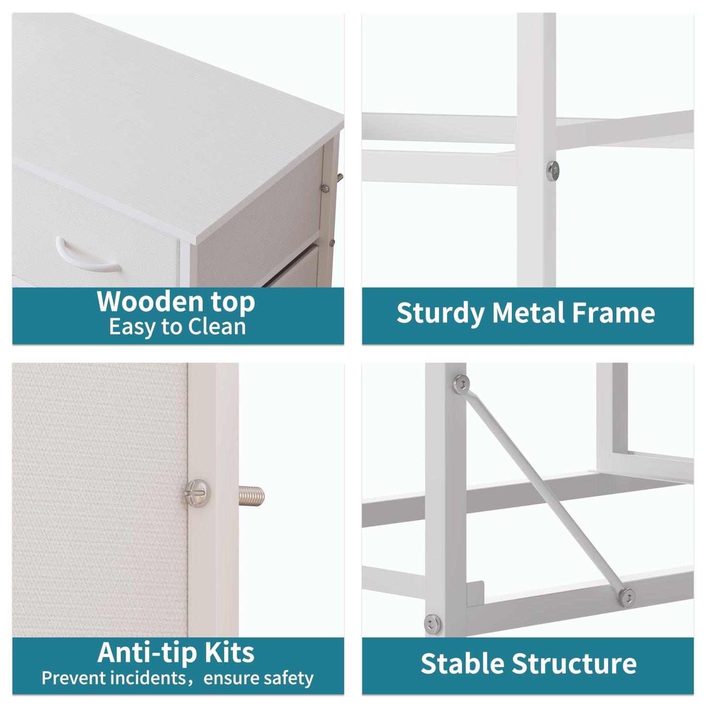 LUMTOK 10-Drawer Dresser, Fabric Storage Dressers Drawers for Bedroom, Hallway, Nursery, Closets, Steel Frame, Wood Top, Easy Pull Handle (White)
