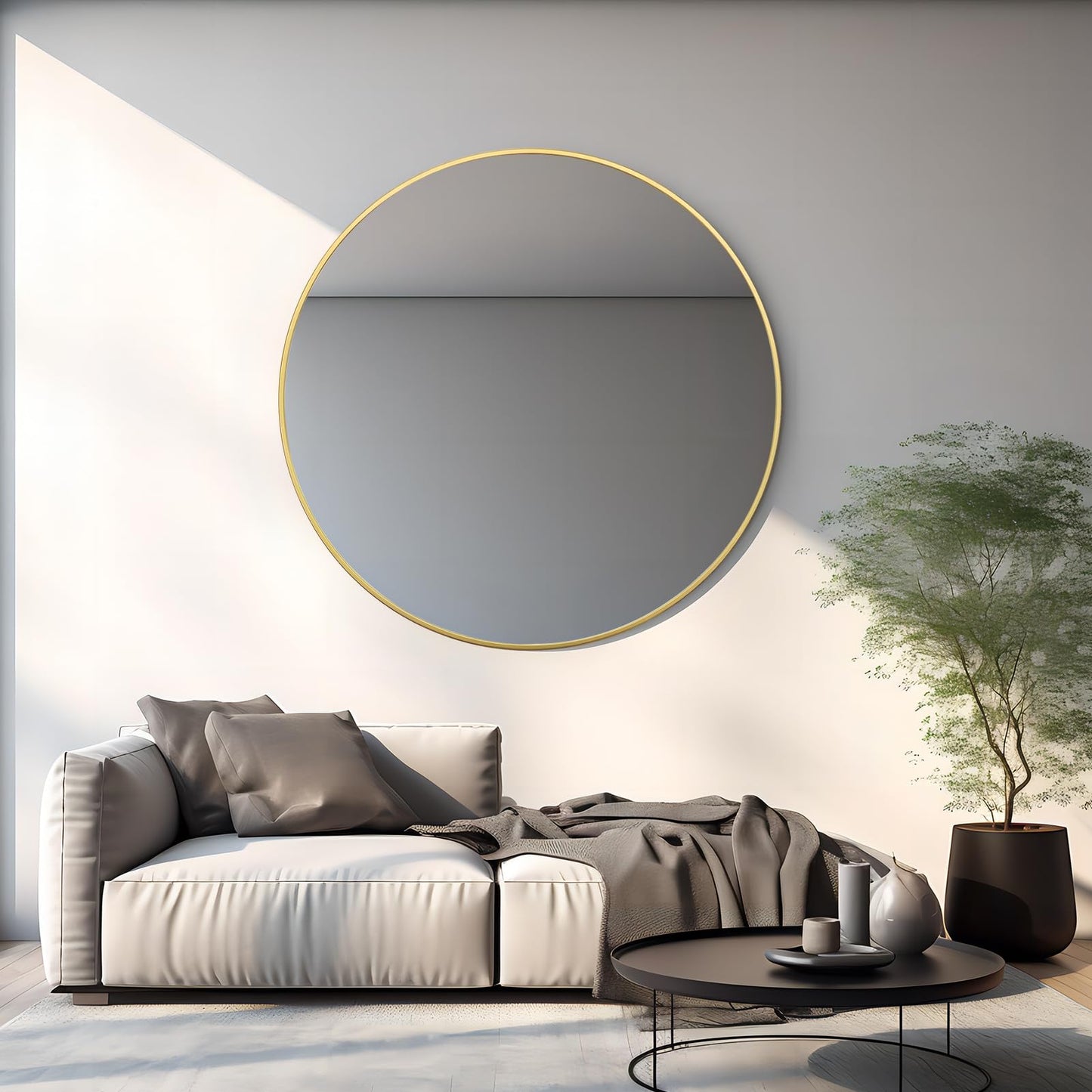 Growsun 48 inch Large Gold Round Mirror, Bathroom Mirror for Wall, Metal Frame Round Mirror for Fireplace Living Room Wall Decor
