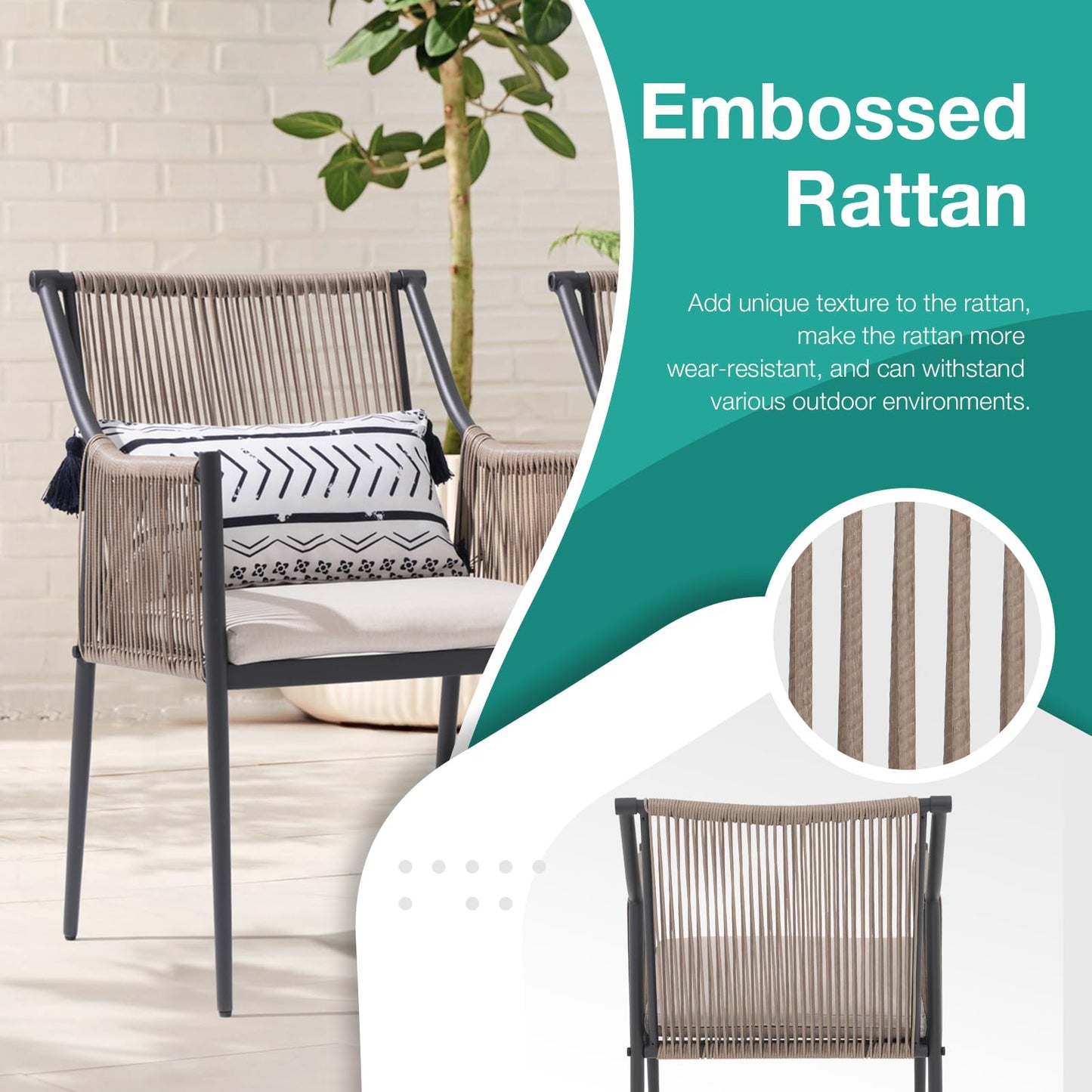 Patiorama Outdoor Dining Chairs Set of 4, Woven Rope Patio Dining Chairs, All-Weather Embossed Wicker Rattan Chairs, Outdoor Patio Chairs with Cushion & Integrated Armrest for Backyard, Light Beige