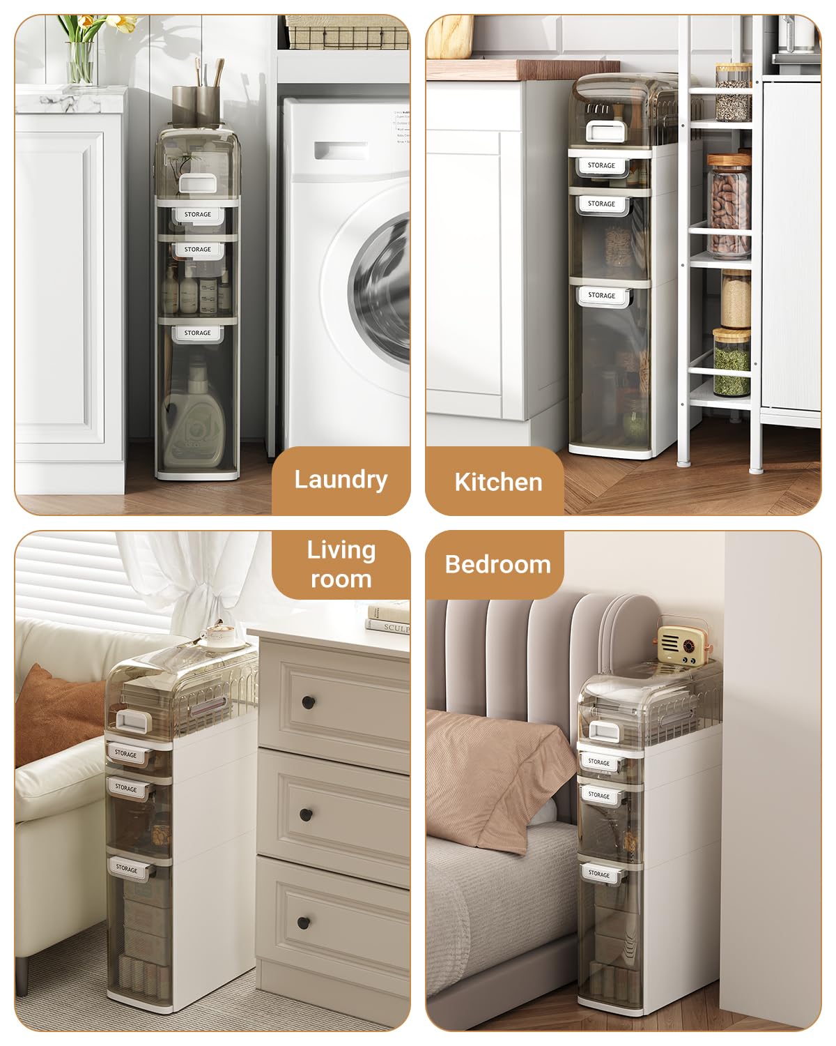 Seeday 3 Tier Slim Bathroom Storage Cabinet, Narrow Organizer with Wheels and Toilet Paper Holder, Waterproof, No Assembly Required, Perfect for Small Spaces in Bathroom, Kitchen and Bedroom