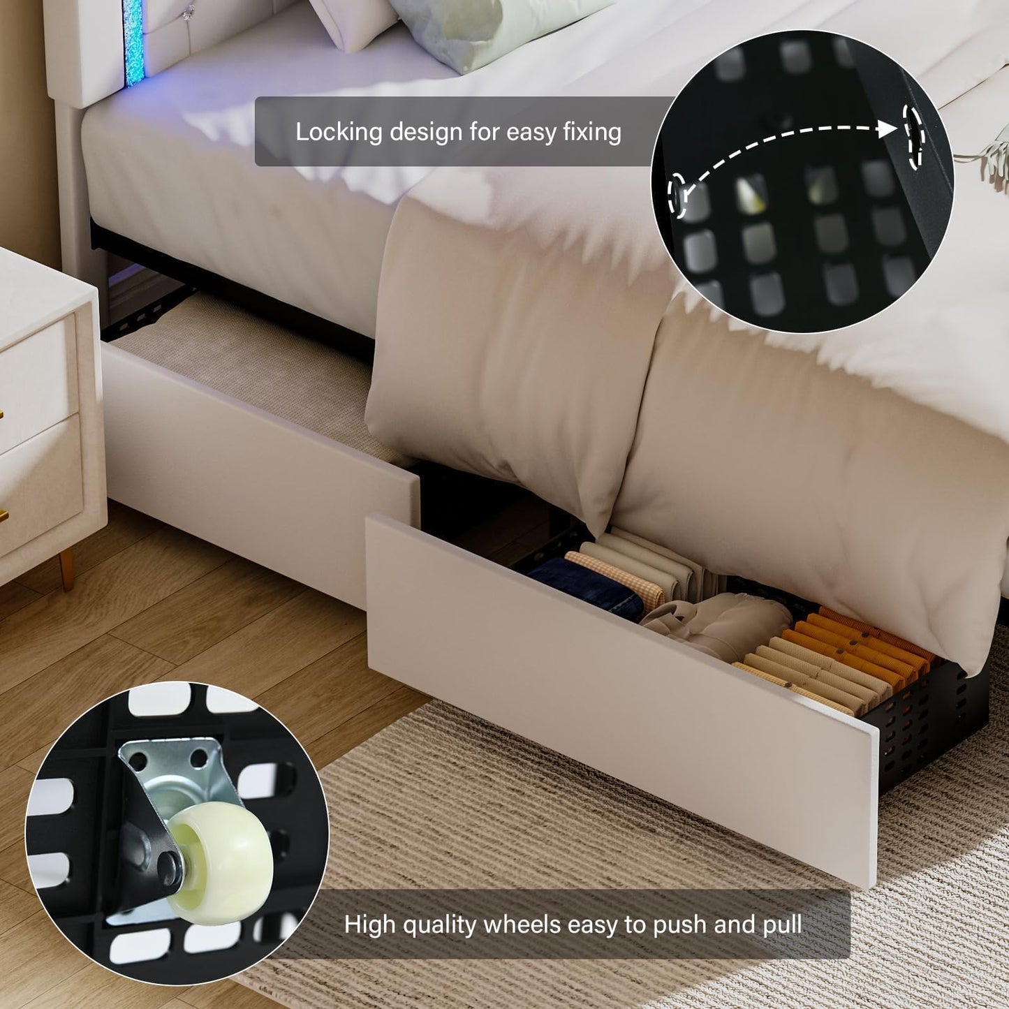 Queen Bed Frame with LED Lights, Upholstered Bed Frame with Storage Drawers, Princess Platform Bed with Diamond Headboard and Footboard, No Box Spring Needed, White