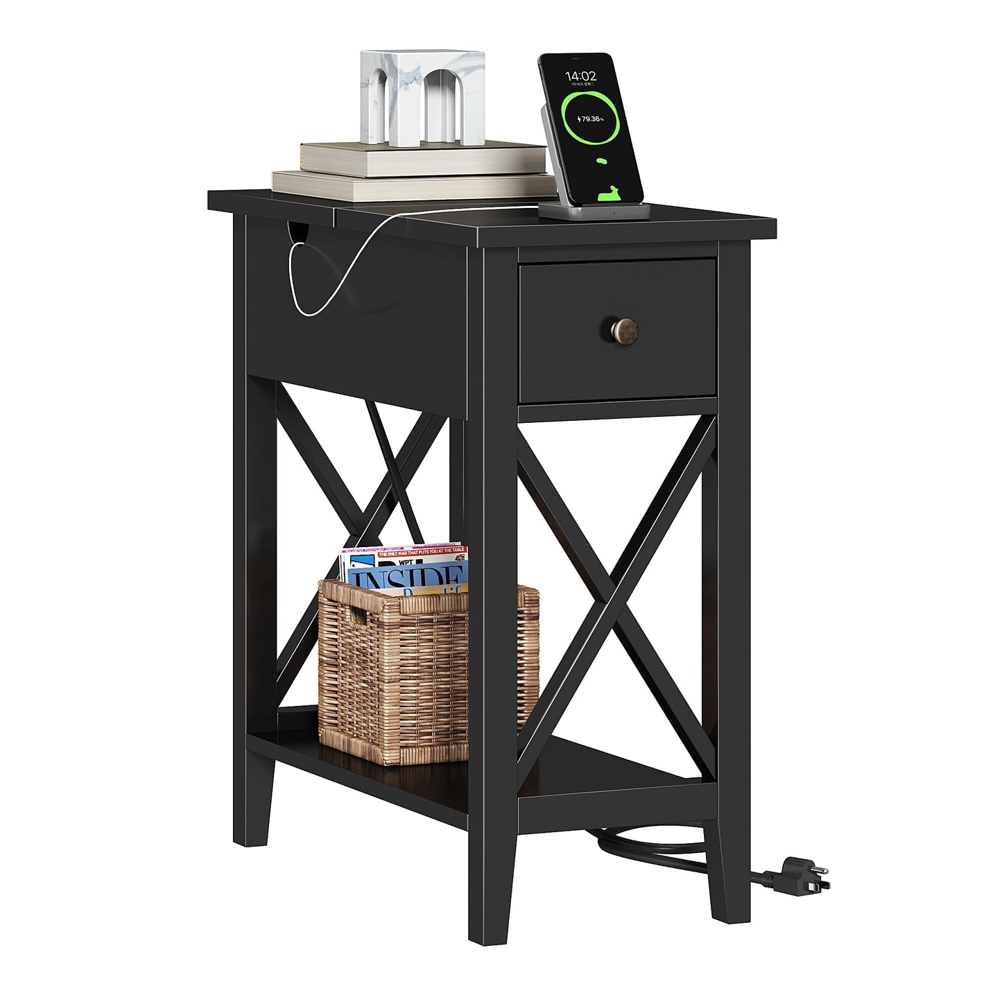 ChooChoo End Table Set of 2 with Charging Station, Narrow End Table with USB Ports and Outlets, Small Side Table Nightstand with Drawer for Living Room, Bedroom, Black